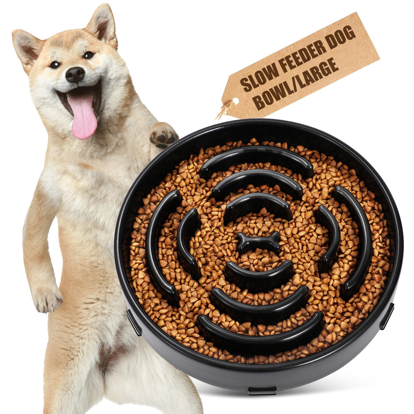 WHIPPY Large Slow Feeder Dog Bowls for Large Medium Dogs Anti-Chocking Slow Feeding Maze Dog Food Bowl Slow Eating Interactive Bloat Stop Puzzle Bowl,Black