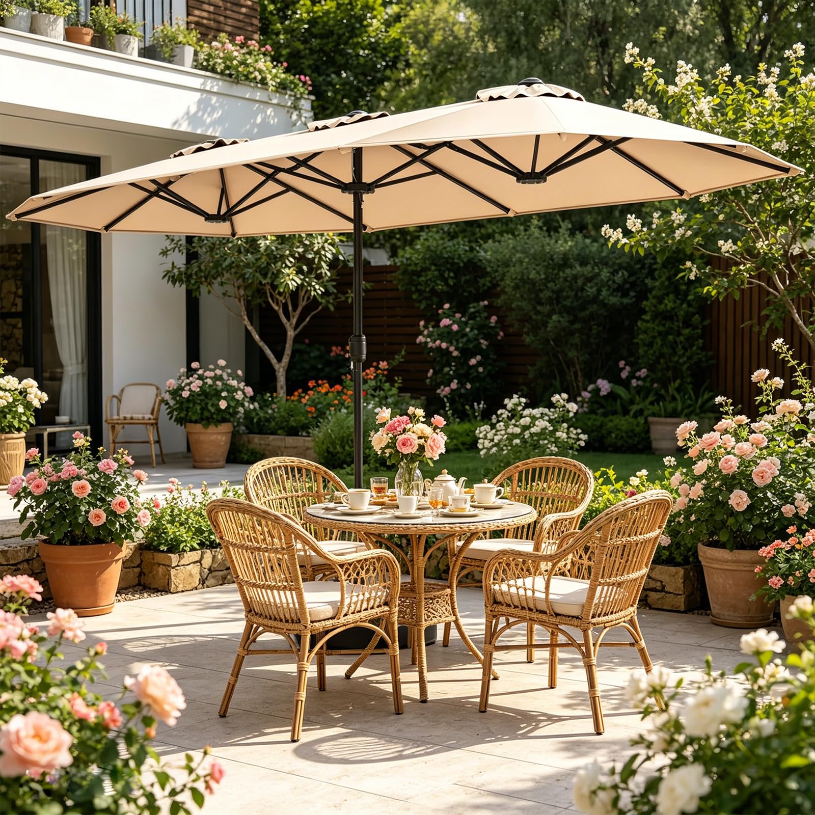 RELAX4LIFE Grand Parasol de Jardin Exterieur avec Pied, 4x2M Parasol Double pour Terrasse/Piscine/Marché, 12 Baleines Renforcées, Manivelle, Protection Solaire pour 6-8 Personnes (Beige)