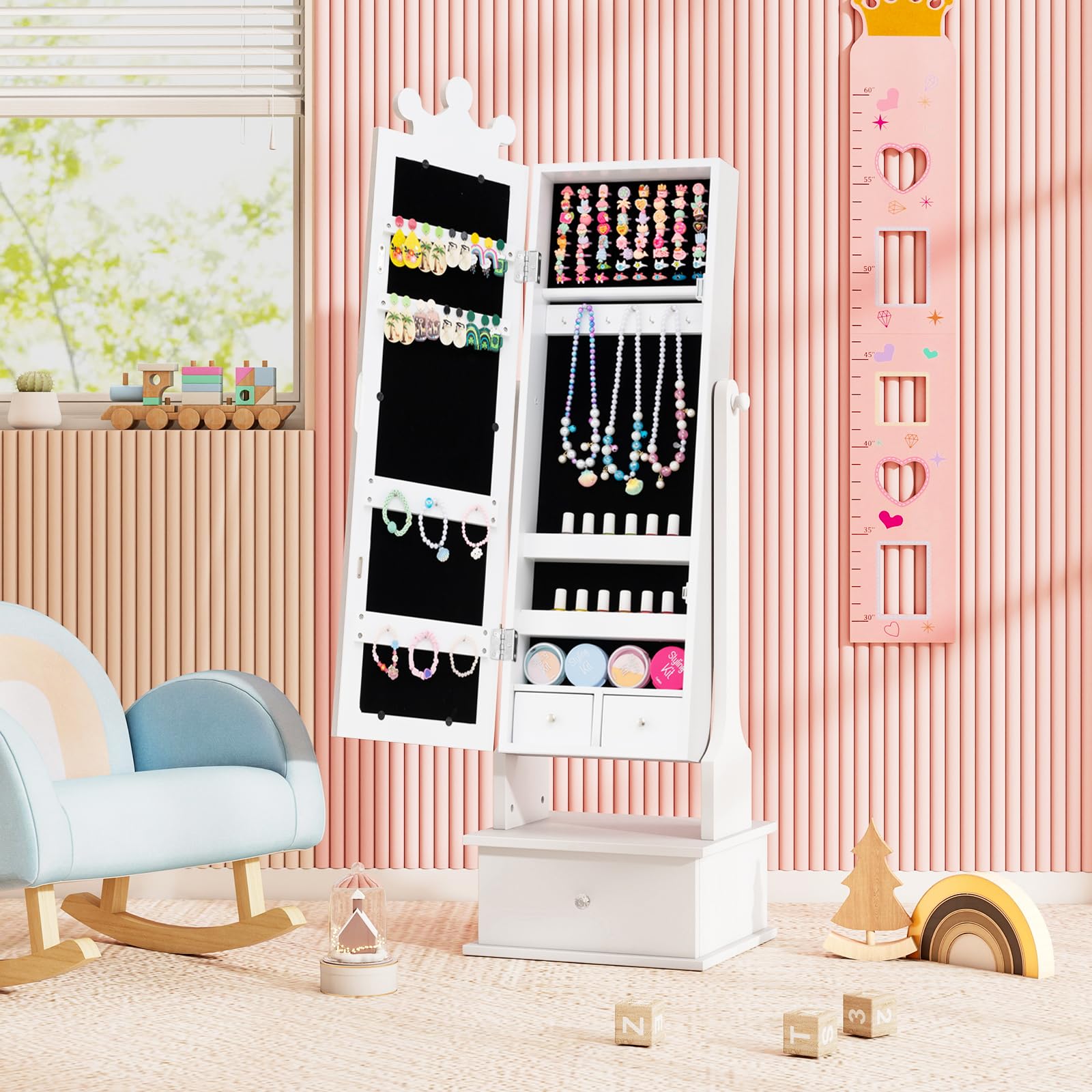 COSTWAY Armario de Joyería para Niños con Espejo y 3 Cajones, 2 Ángulos de Inclinación Ajustables y Sistema Antivuelco, Espejo Vestidor con Forma de Corona para Niños de 3+ Años (Blanco)