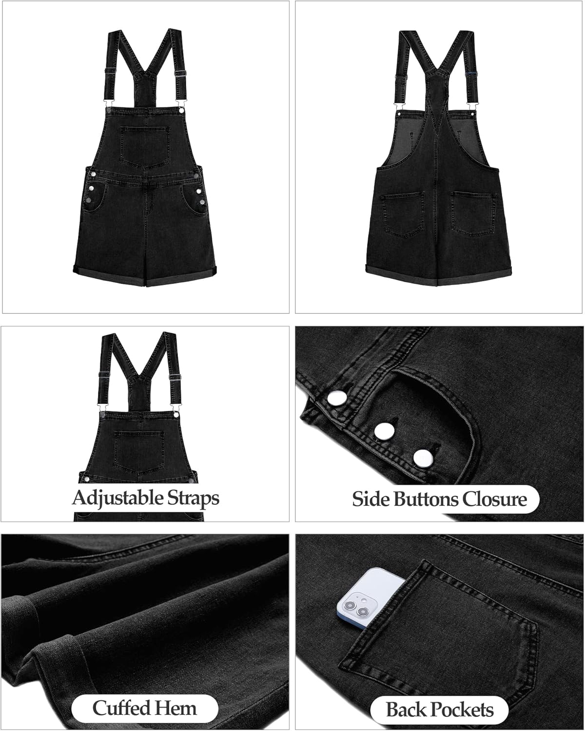 Vetinee Women's Classic Adjustable Straps Cuffed Hem Denim Bib Overalls Shorts - Image 6