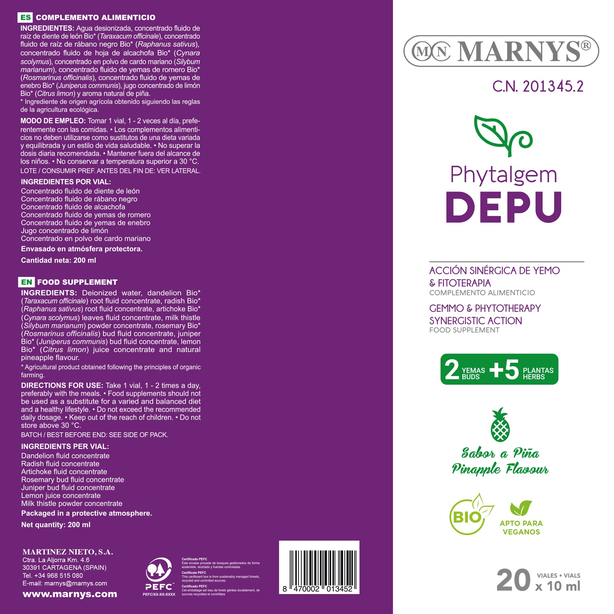 Marnys Phytalgem DEPU - Elimina toxinas - Bienestar Digestivo y Renal - sabor a Piña - 20 cómodos viales bebibles 361 g
