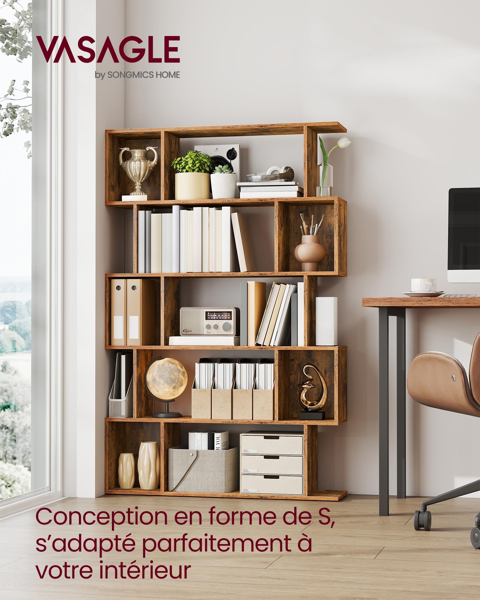 VASAGLE Custos Collection - Bibliothèque, Étagère sur 5 Niveaux, 24 x 90 x 159 cm, Meuble de Rangement, avec Compartiments Ouverts, pour Salon, Chambre, Bureau, Marron Rustique LBC416K01