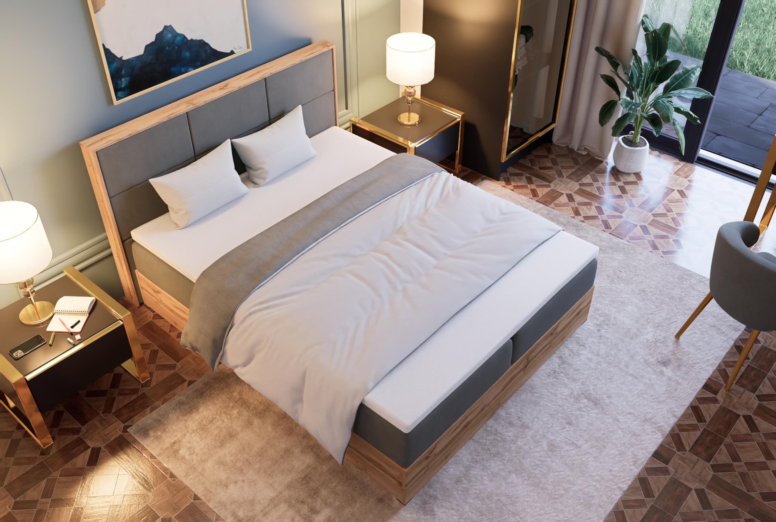 Boxspringbett 180x200 mit Matratze und Bettgestell - Polsterbett 180x200 mit Bett Kopfteil Matratzen Topper und Bettkasten (Leoni II, Grau)