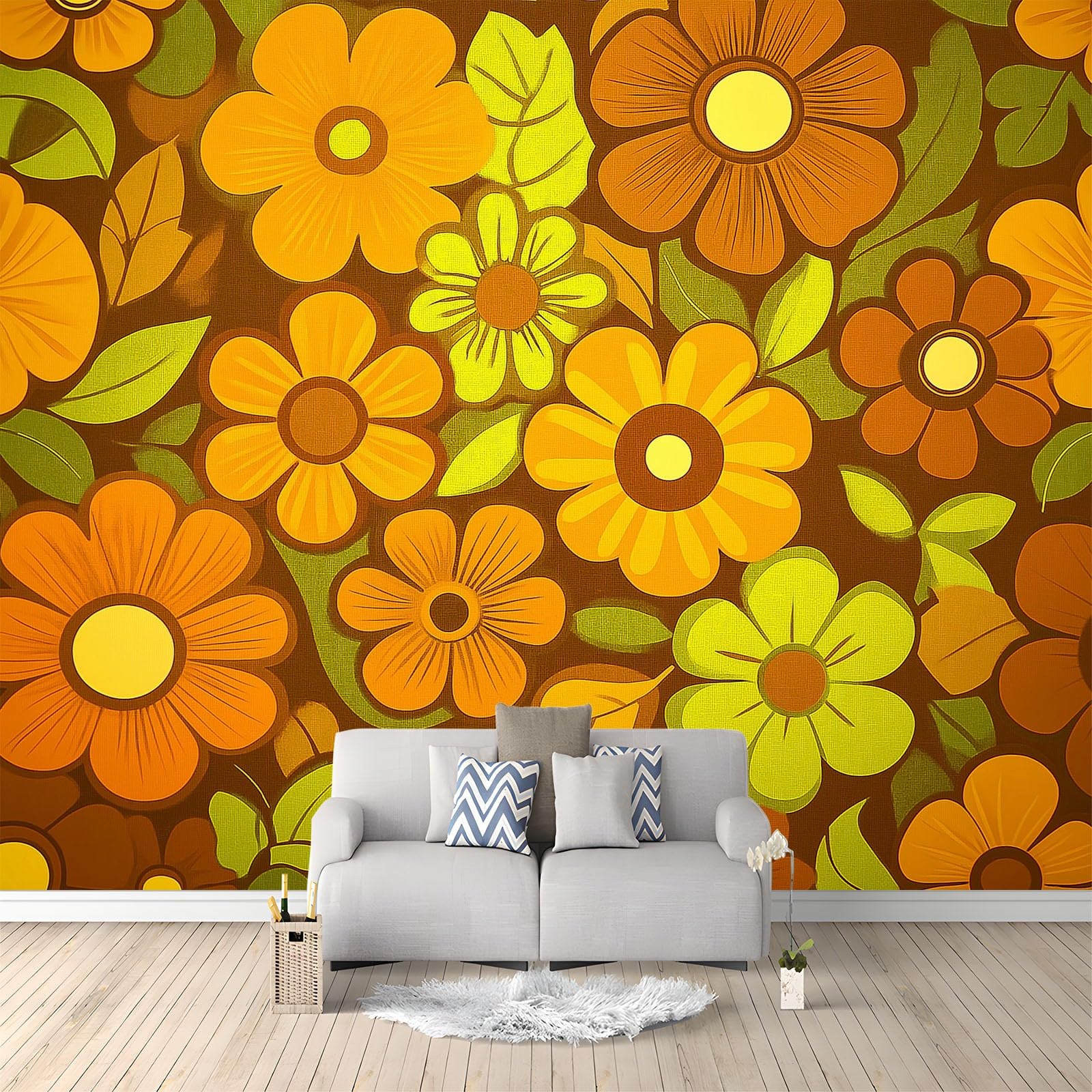 Générique Panoramiczna tapeta 200 x 140 cm boho kwiatowy moda włóknina XXL fototapeta gobelin fototapeta salon sypialnia - tapeta Trompe l'eil efekt 3D, żółta