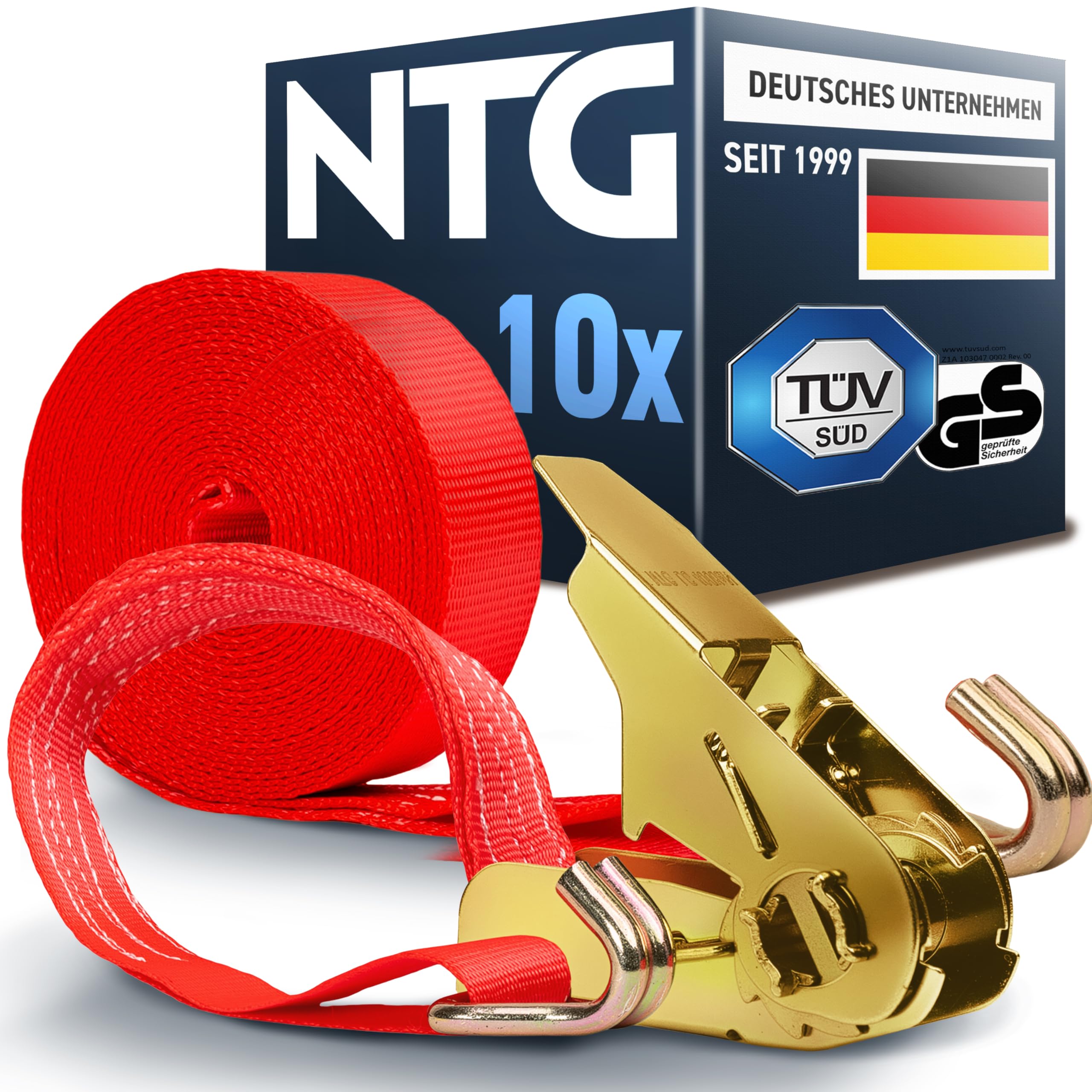 NTG Lot de 10 sangles d'arrimage à cliquet | 4, 8, 10 ou 20 pièces | 800 kg | 6 m | 2 pièces | Certifié TÜV/GS | Deux pièces avec crochet | Sangle d'arrimage | 25 mm | 0,8 t (10 pièces)