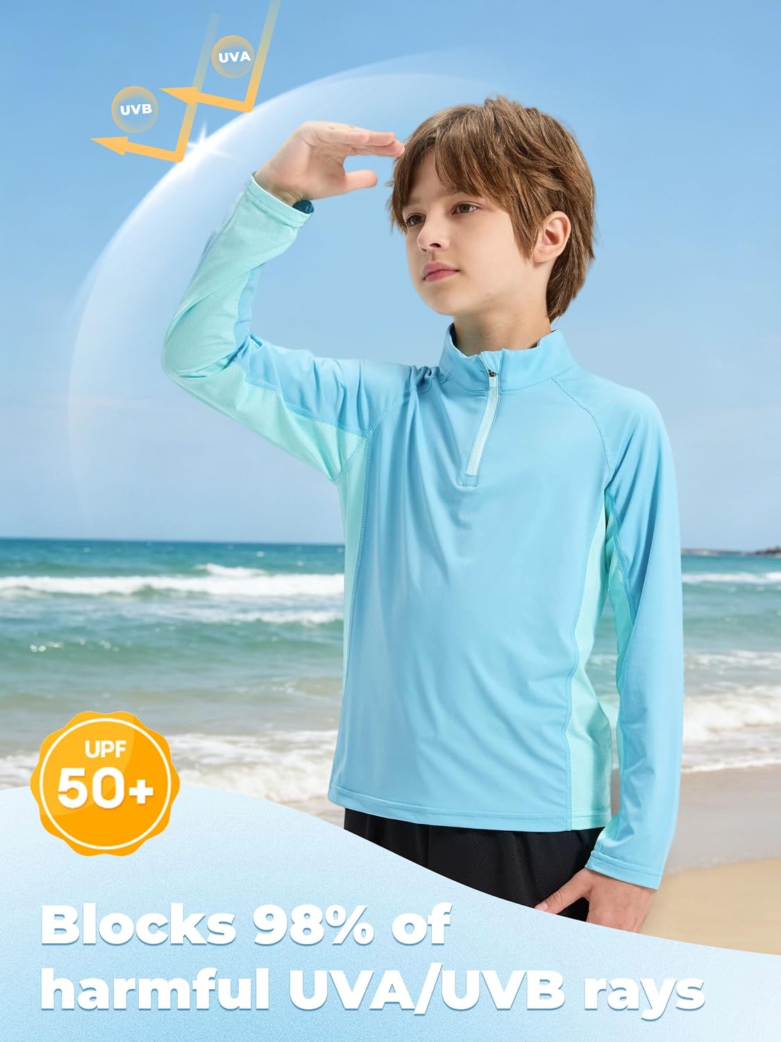 Rolanko Boys UPF 50+ Rash Guard 1/4 Zip Swim Shirt