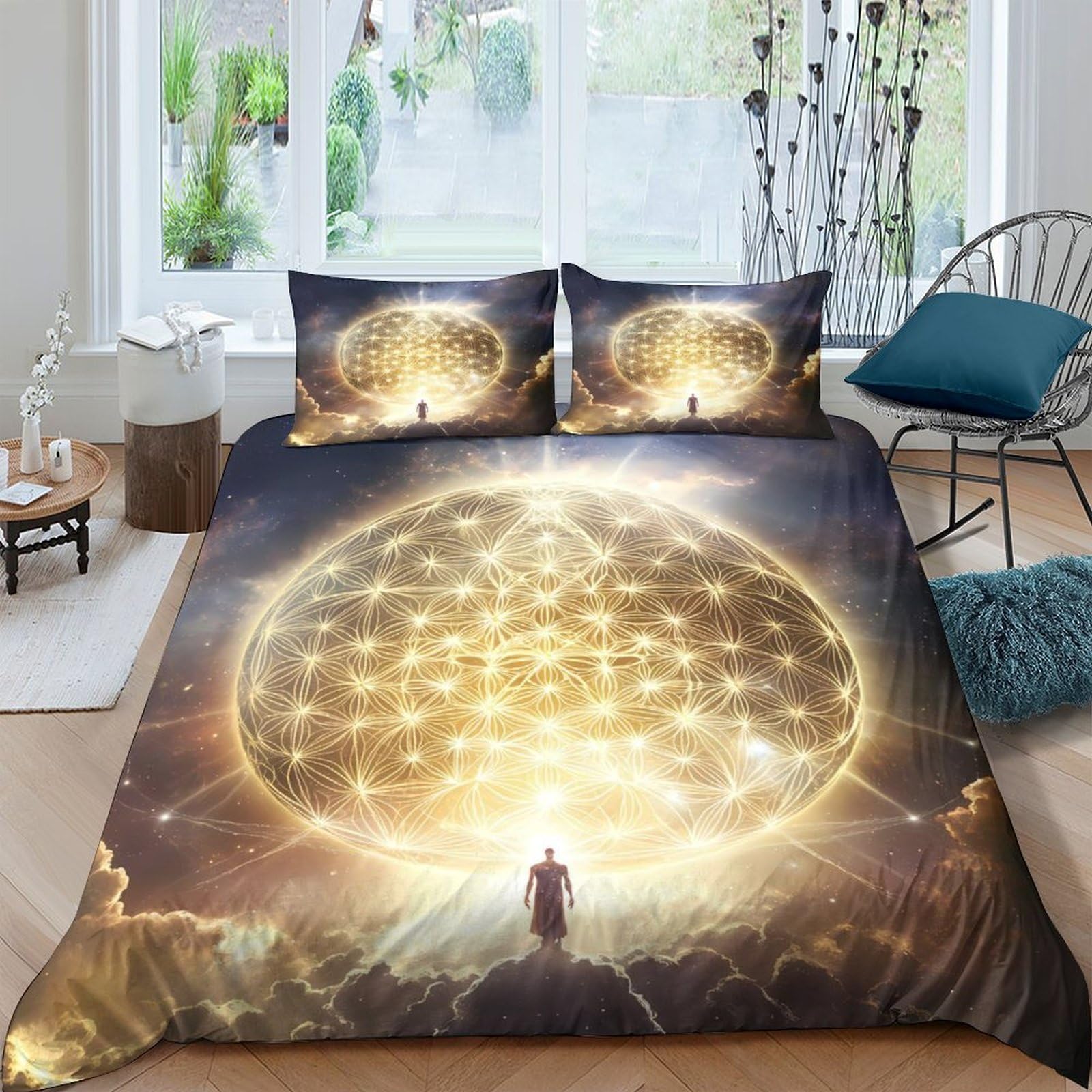 Ctjqhvkz Style-1 3D Printed Golden Sphere Universe Fitted Sheet Microfiber Anti-Slip Sunburst Mattress Cover Bedroom Decor Single（135X200cm）