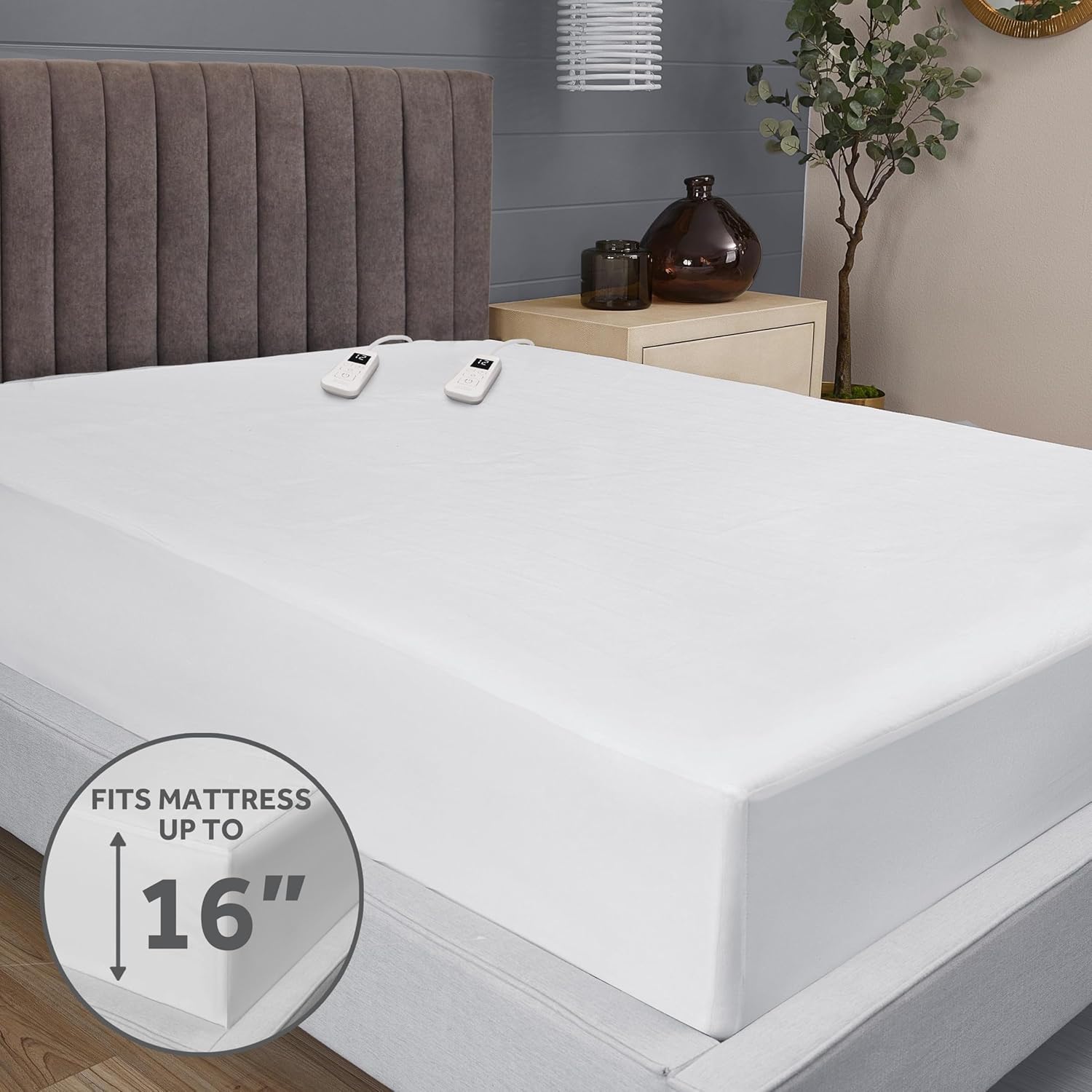 Sunbeam Electric Heated Mattress Pad fitted on a mattress, showing the deep pocket skirt