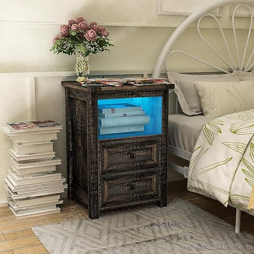 Miniatura 2 de Wodeer Mesita de noche LED con estación de carga, mesa auxiliar de granja con 2 cajones de almacenamiento y puertos USB y tomas, mesita de noche