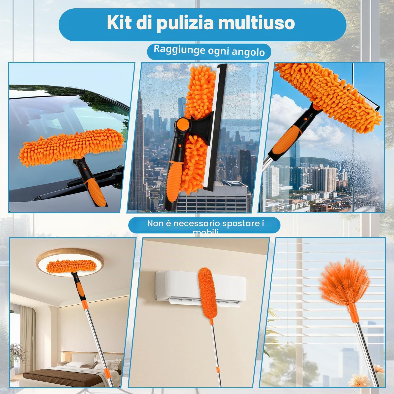 Zikenis Feather Duster Cleaning Set per Spolverini con Asta Fissa, Spolverino in Microfibra Lavabile e Riutilizzabile per Divani, Soffitti, Ragnatele, Vetri, Ventilatori da Soffitto