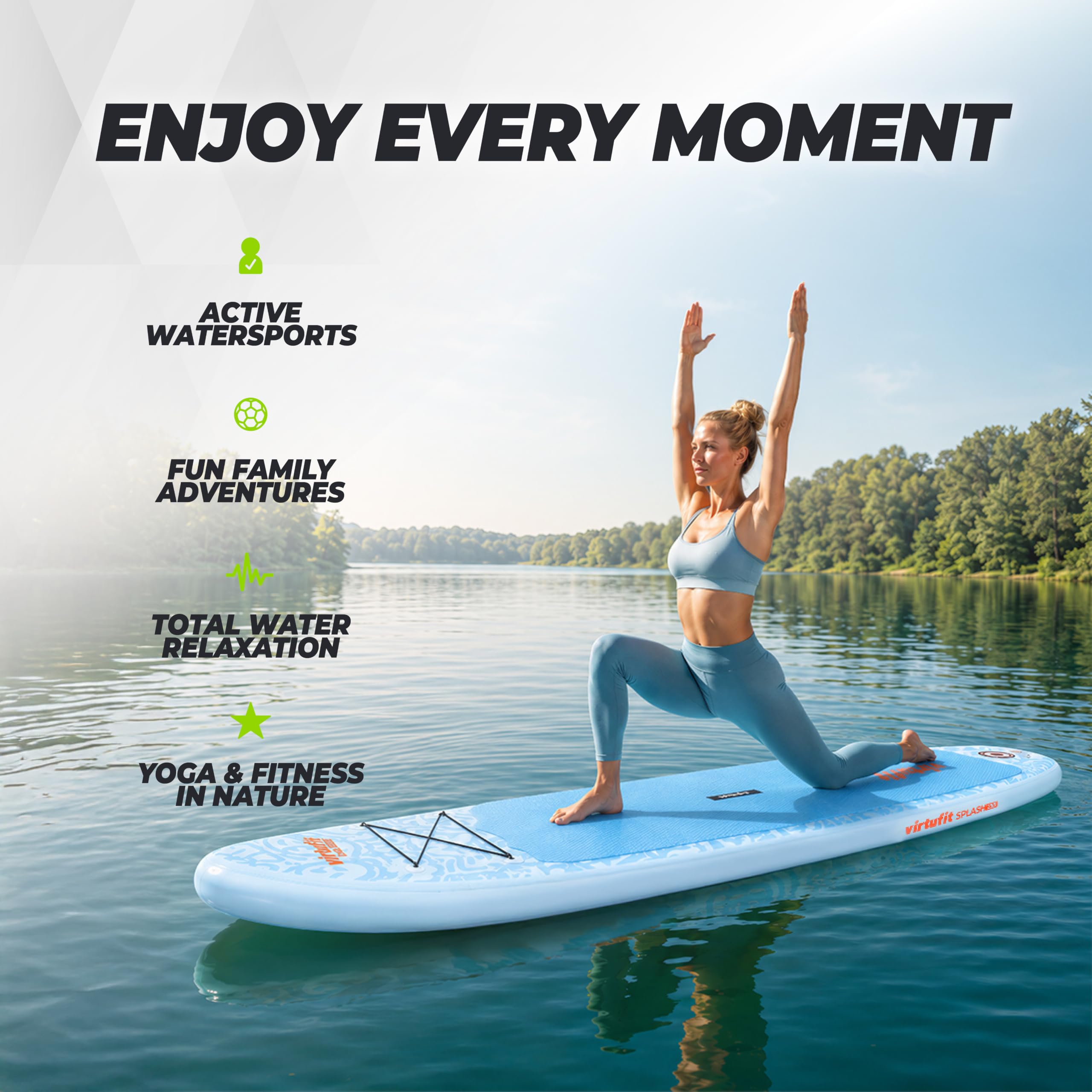 VirtuFit Splash - Tavola da SUP gonfiabile per bambini e adulti fino a 100 kg, 255 cm, con pagaia, pompa, guinzaglio, pinna e zaino