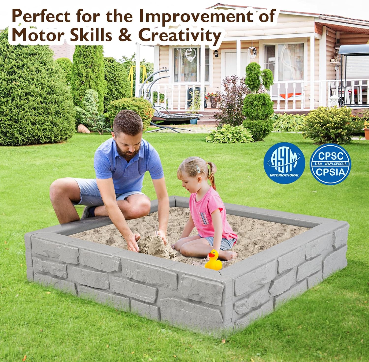 Costzon Kids Sandbox with Cover, 47"x 47" HDPE Sand Box w/Oxford Cover, Bottom Liner, Reinforced Structure, Weather Resistant Outdoor Sand Pit for Backyard Lawn Garden Beach (Gray)