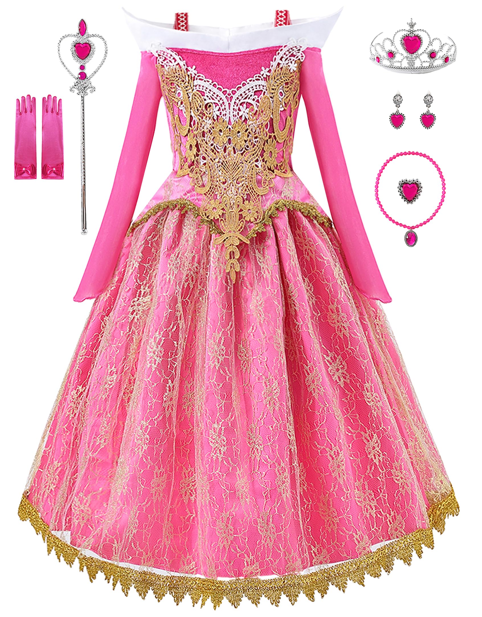 Aoiviss Disfraz de Princesa Rosa para Niña Vestido de Princesa de Encaje Disfraz de Fiesta Cumpleaños con Accesorios 110