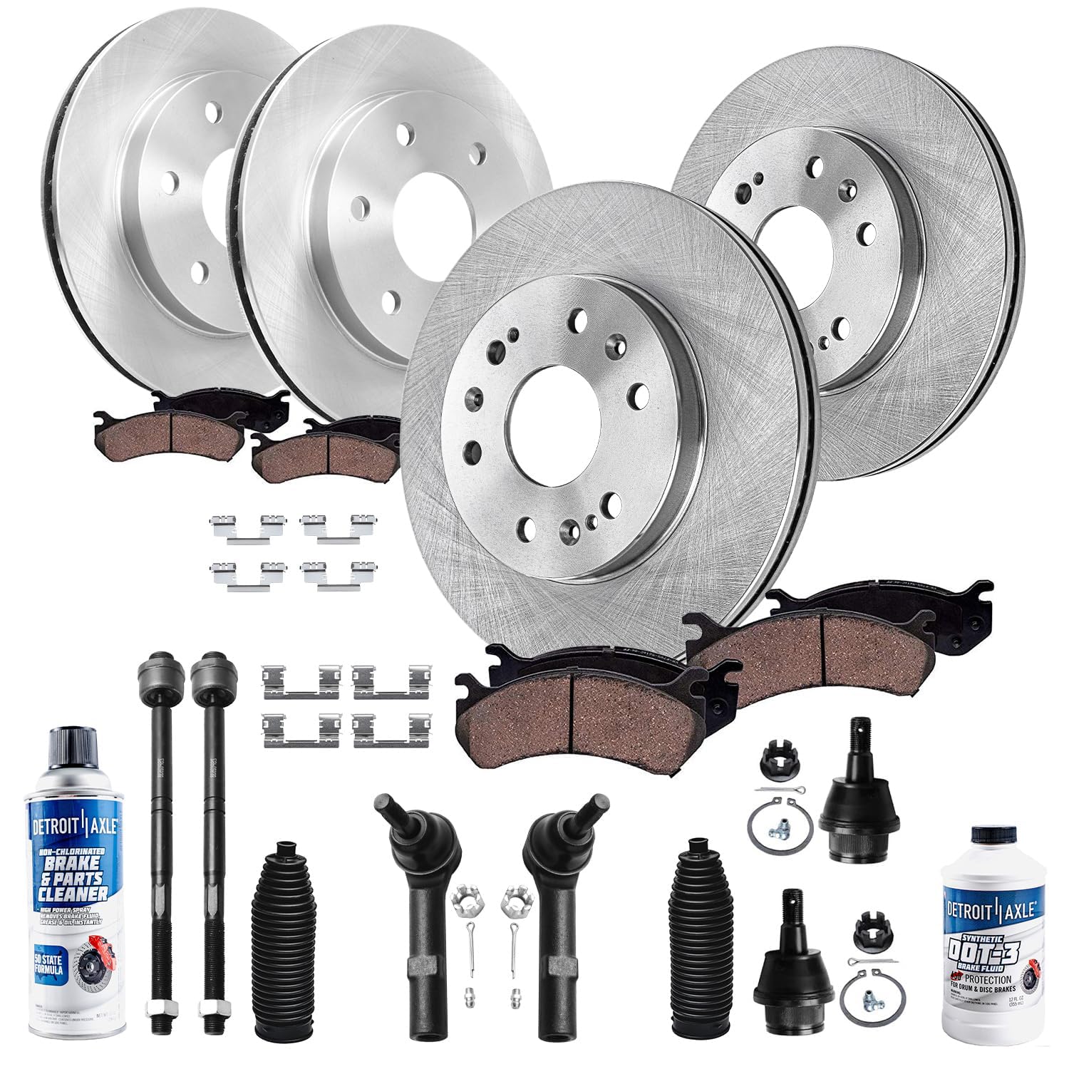 Detroit Axle - Front Rear Brake Rotors Pads Brake Kit+ Inner Outer Tie Rods
