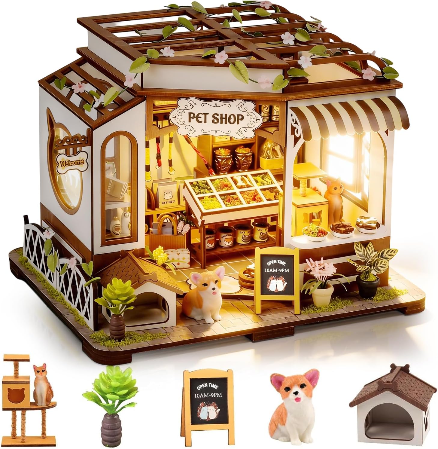 DIY Miniature House Kit,Tiny House Pet Shop with Furniture & LED,DIY Dollhouse Miniature Kit for Adults Teen,Mini House Building kit,3D Wooden Craft Mini Model Kit,Birthday Gifts Home Decor