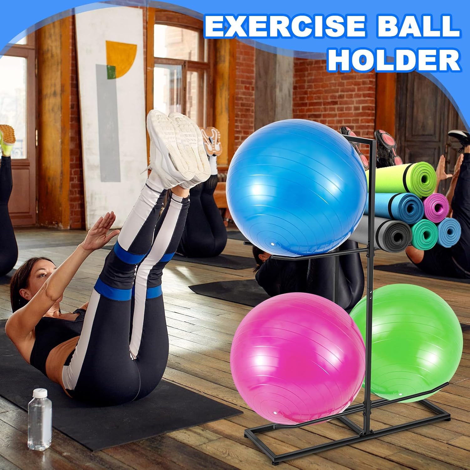 Blulu Exercise Ball Holder, Stability Ball Rack, Exercise Ball Storage Racks Suitable for Yoga Ball Stability Ball Yoga Mats Home and Commercial Gym