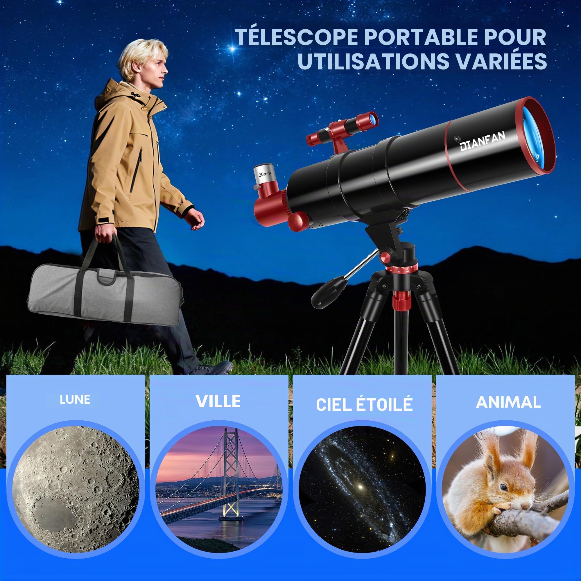 Dianfan Télescope 90/550 Astronomique pour Adultes, Télescope Réfracteur Portatif pour Débutants avec Monture AZ, Trépied, Adaptateur pour Smartphone, Sac de Transport et Tabouret Pliant