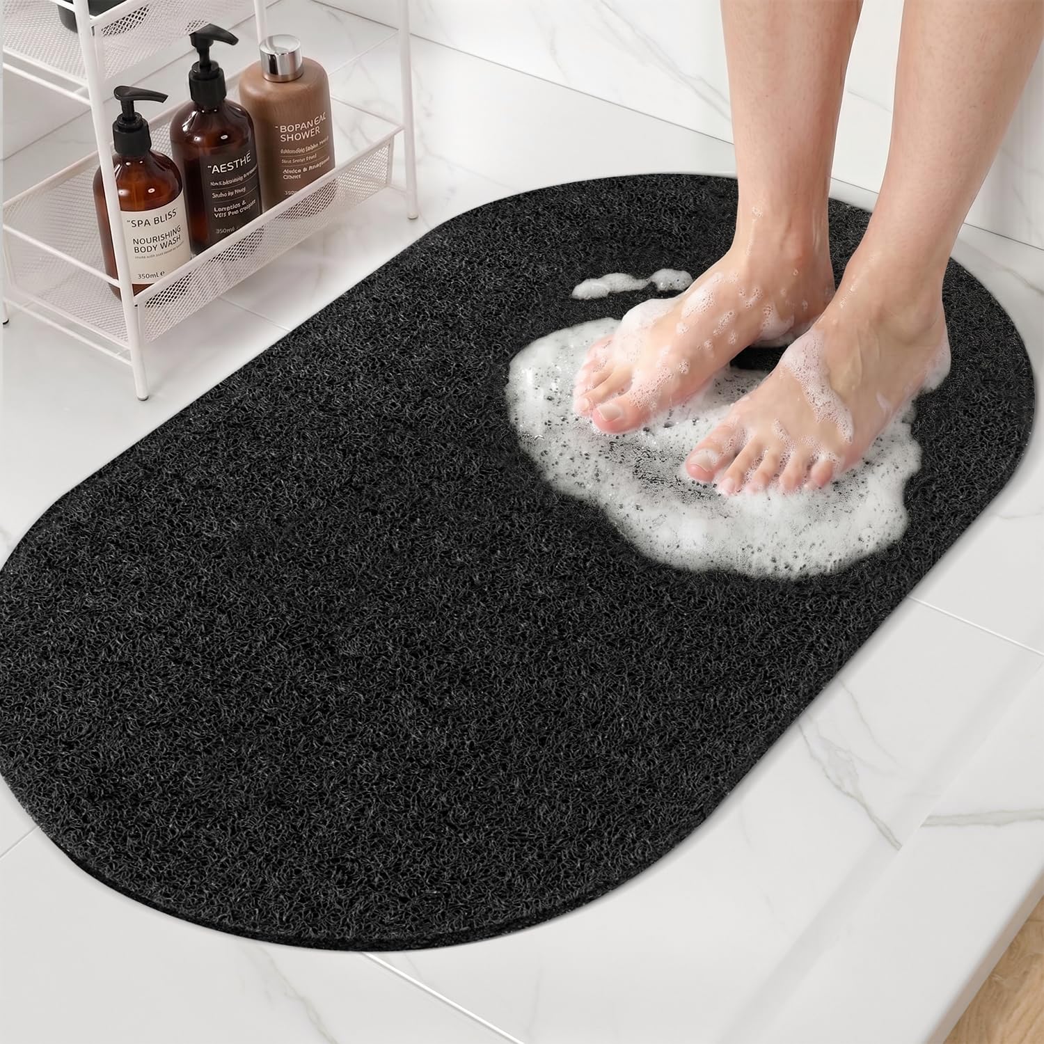 HITSLAM Oval Loofah Shower Mat, 69x40cm Long Non Slip Anti Mould Bath Mat for Inside Shower, Soft PVC Foot Massager Mat, Quick Drying Draining Mat for Wet Surfaces, Black