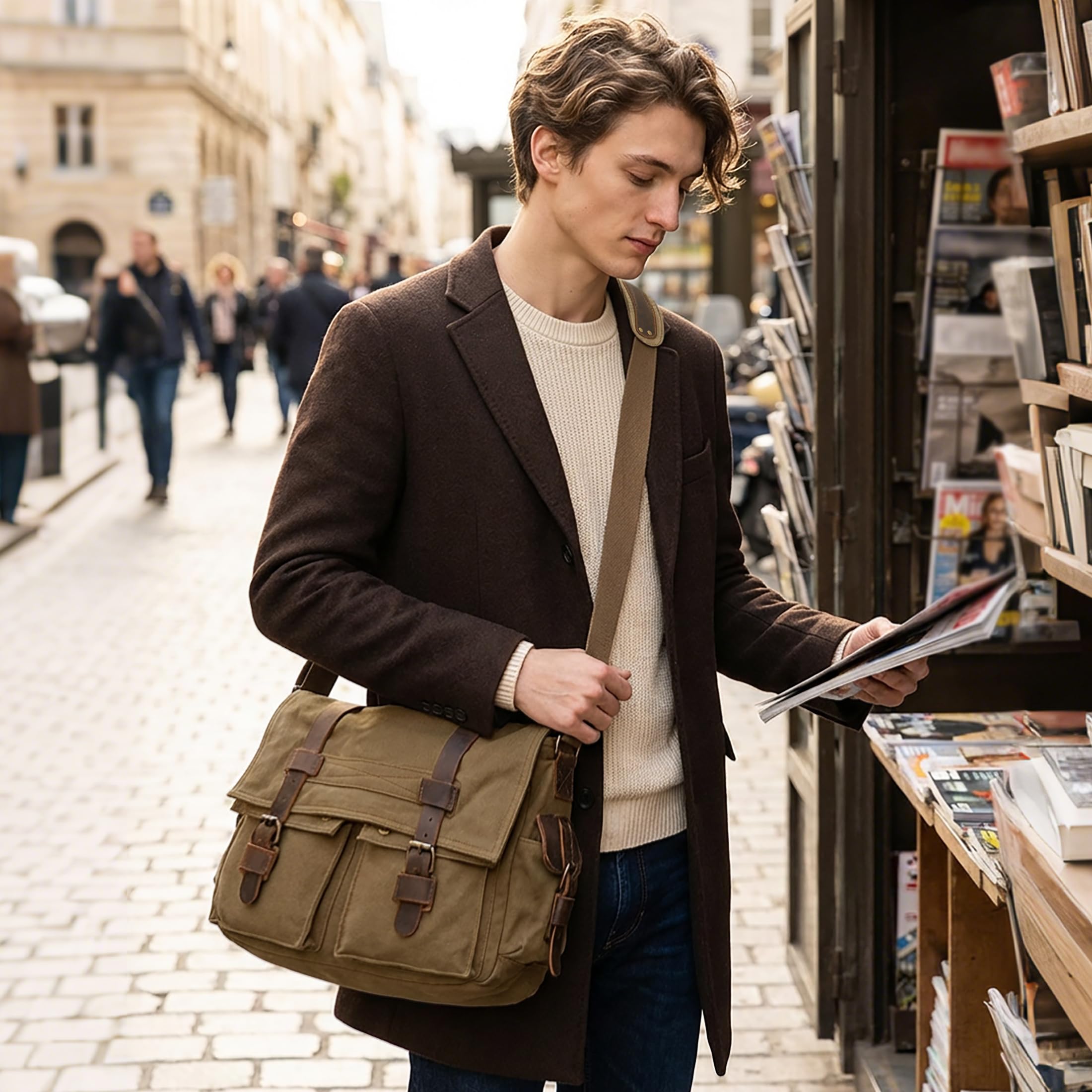 VARLIVOO Umhängetasche für Herren, Vintage Canvas Schultertasche Messenger bag, Große 15" Zoll Laptoptaschen Arbeitstasche für Arbeit Reisen Schule Braun A