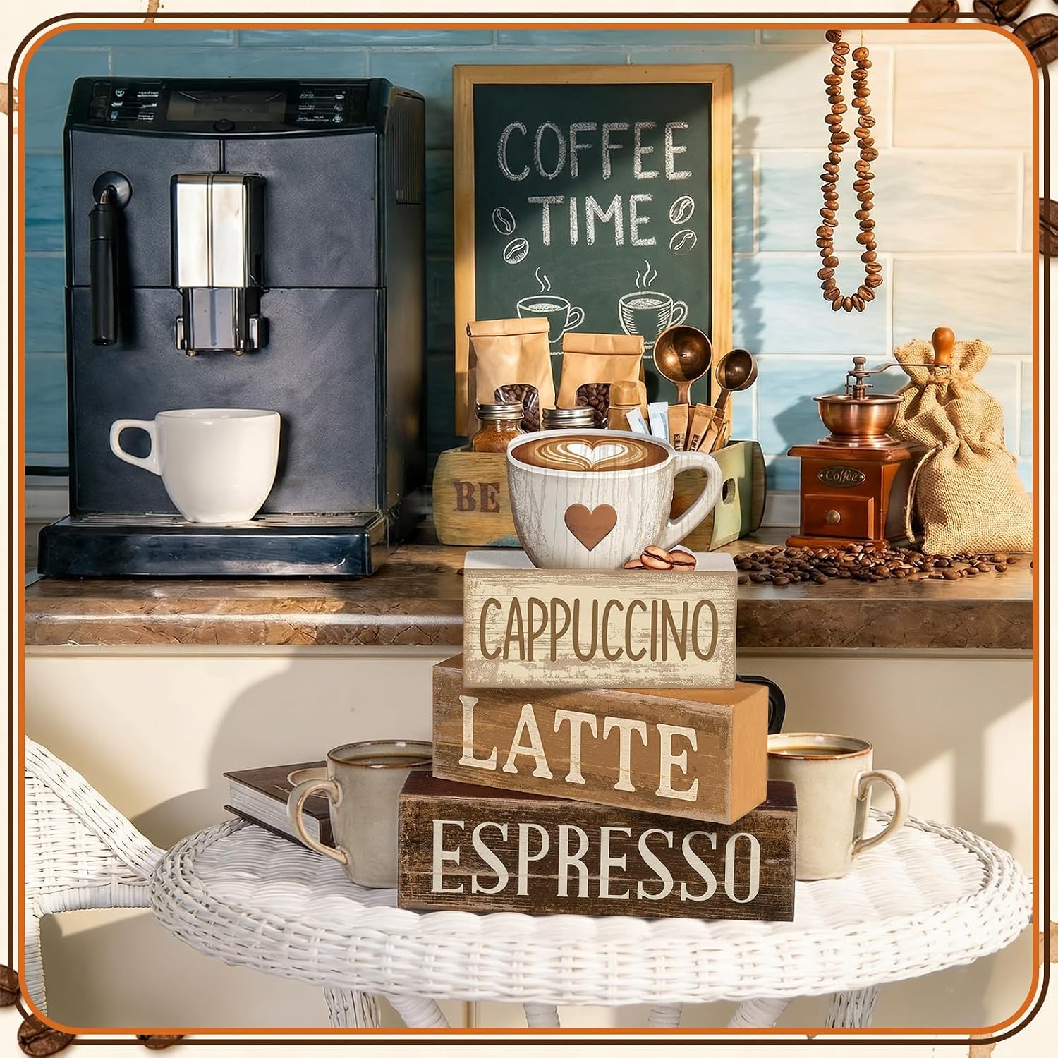 Lineshading 4 Pcs Farmhouse Coffee Bar Signs, Wooden Coffee Stacked Blocks image 3