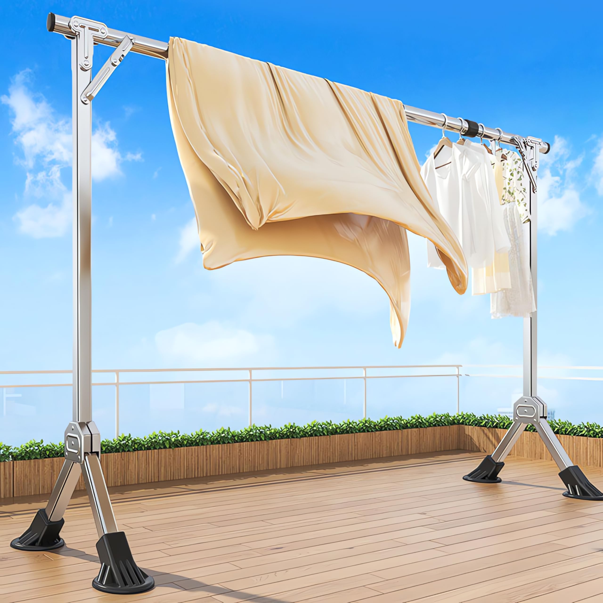 Etendoir Linge de Balcon Extensible, Support à Linge Pliable en Acier Inoxydable, Étendoir à Vêtements Réglable avec 20 Crochets Antivents - pour Séchage Intérieur/Extérieur (H 152cm L 240cm)