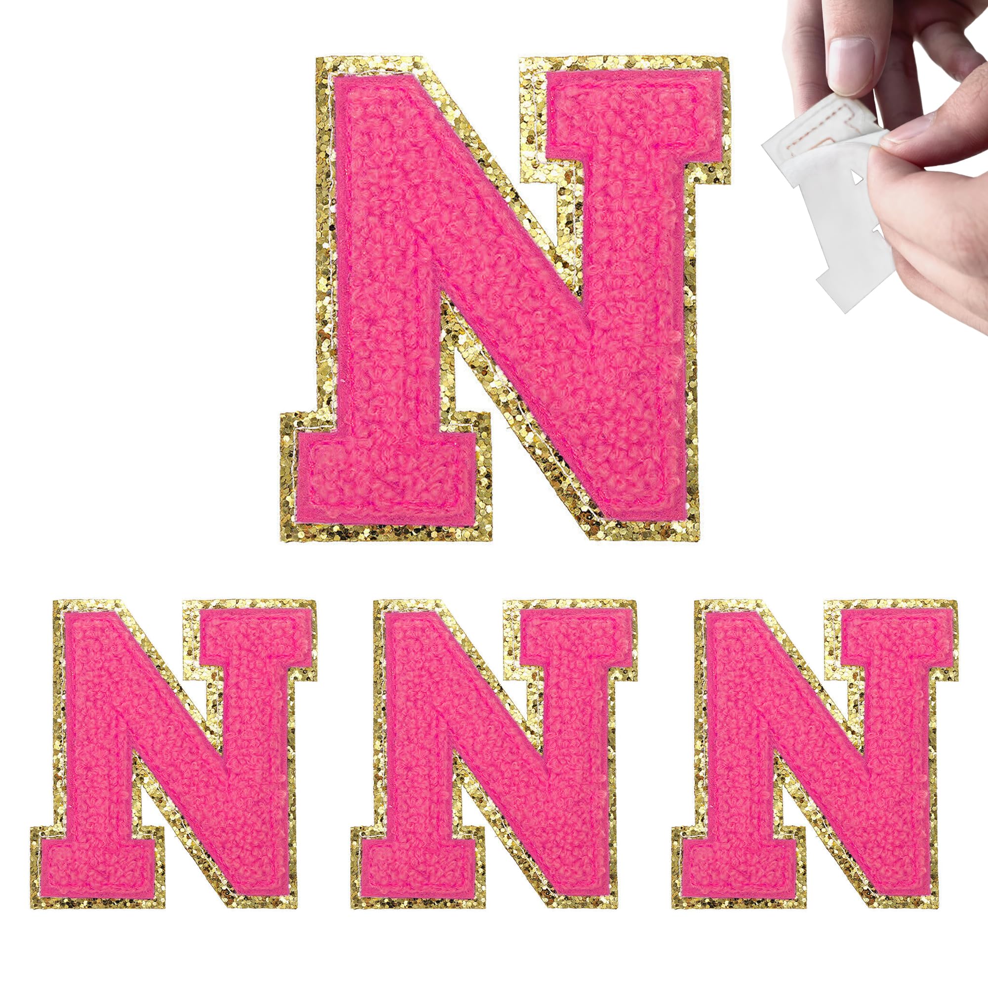 4PCS Hot Pink Self Adhesive Chenille Initial Patches, Choose Your Letter, Glitter Alphabet Patches for Custom Backpacks, Christmas Gifts, DIY Crafts