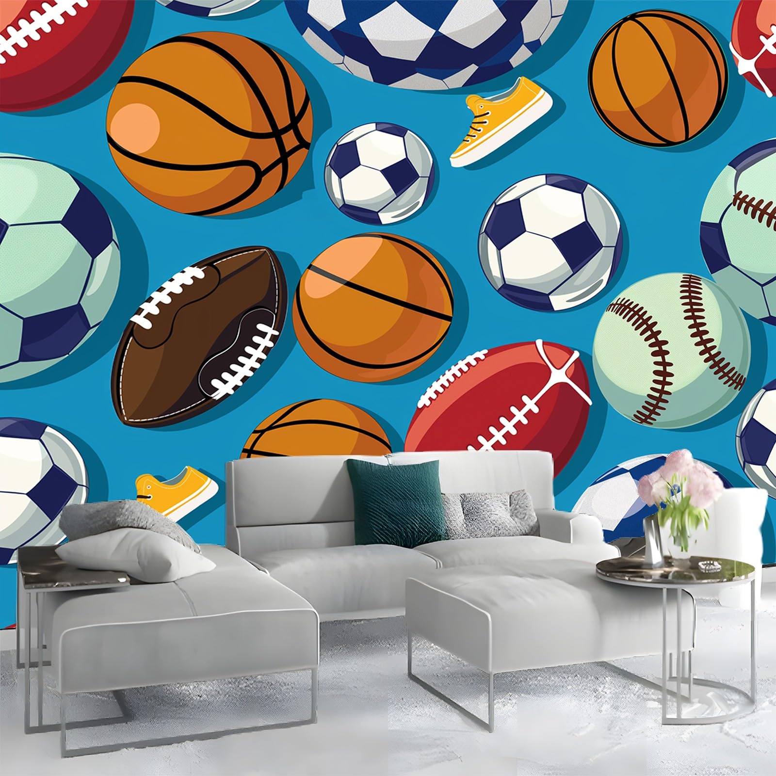 Fototapeta 250 x 175 cm, z kreskówki, piłka nożna, koszykówka, efekt 3D, tapeta z włókniny, nowoczesna tapeta ścienna, do salonu, sypialni, pokoju dziecięcego, kolorowa, idealna do kuchni i różnych