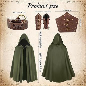 Medieval Costume Cloak Renaissance Knight Velvet Cape Hooded Viking Belt Leather Bracers Retro Halloween Carnival Fancy Dress Accessories for Adult