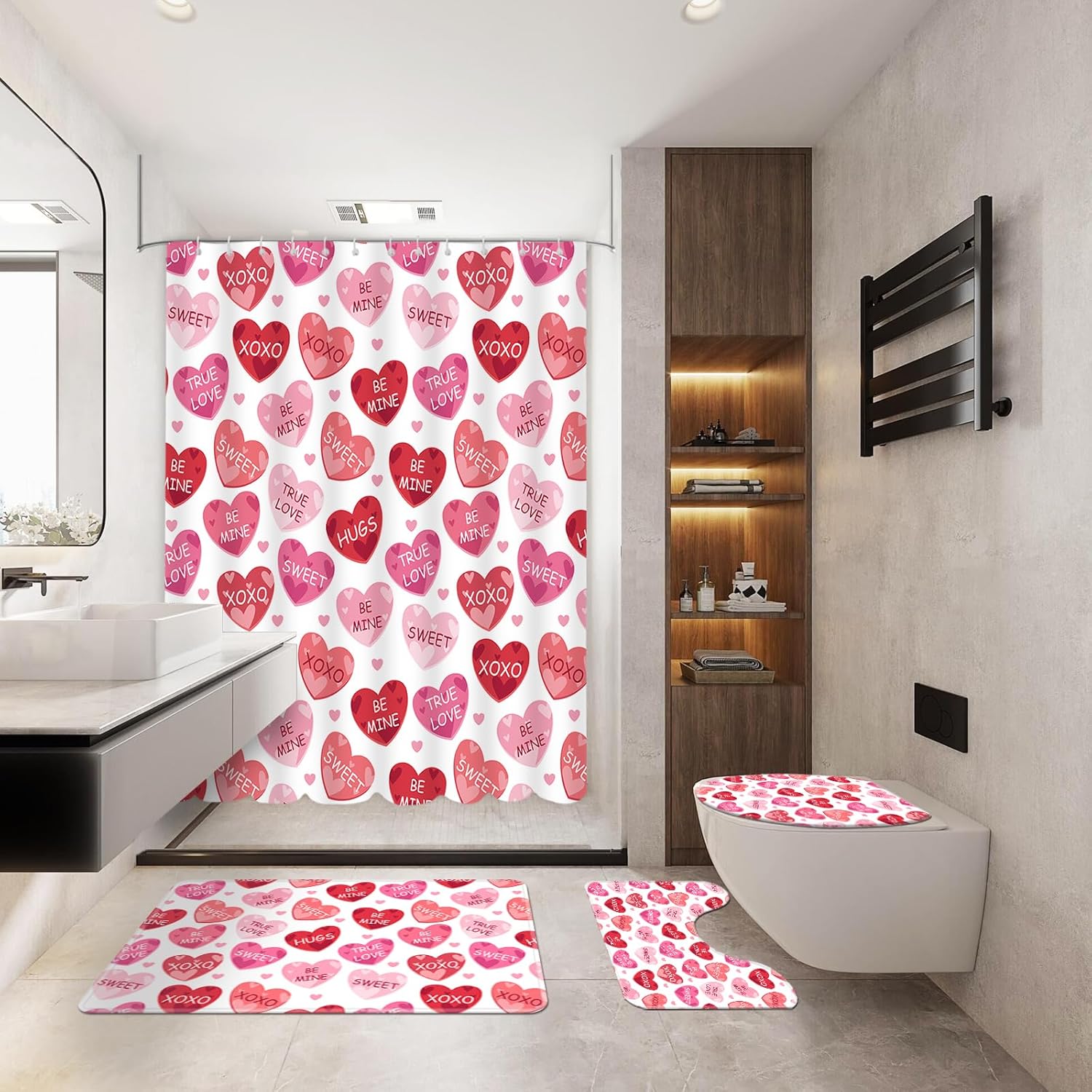 MEHOFOND 4pcs Valentines Shower Curtain Set Pink and Red Conversation Hearts Shower Curtain Sets for Valentine Heart Candy Bathroom Decor Curtains with Non-Slip Rugs Toilet Lid Cover and Bath Mat