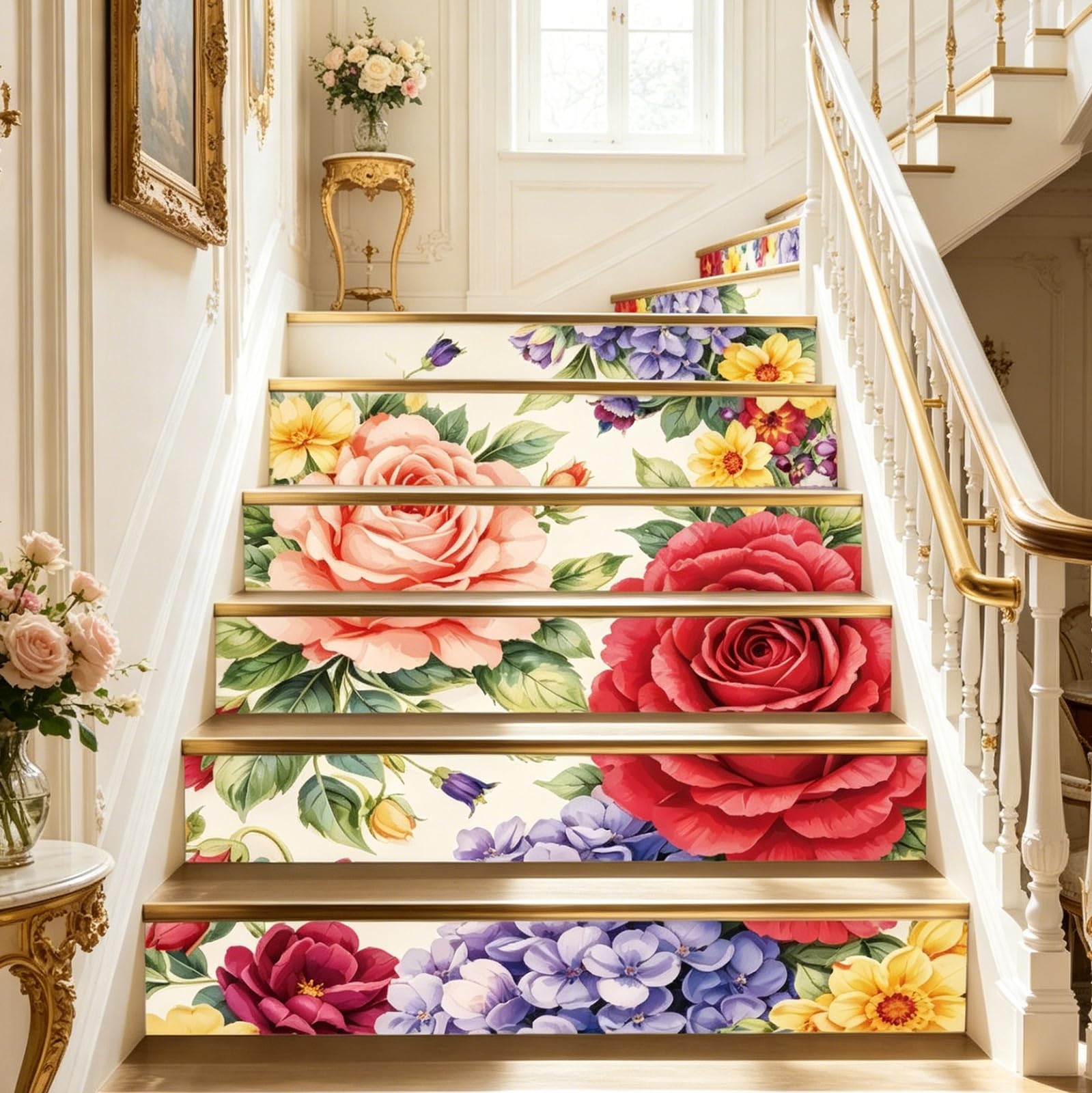 PLIGREAT 15 Sheets Stair Riser Decals, Floral Patterns Peel and Stick Staircase Stickers Self-Adhesive Art Staircase Murals for Steps DIY Home Hotel Stair Makeover Decor, 7.1"x39"/18x100cm