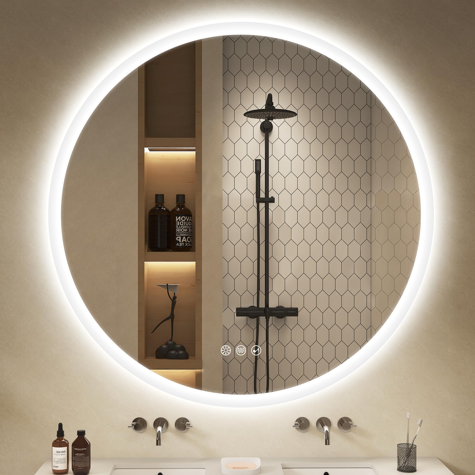 S'bagno Okrągłe lustro łazienkowe z oświetleniem-100 cm, lustro łazienkowe z oświetleniem i Bluetooth, odparowanie, 3000 K/4000 K/6500 K, możliwość ściemniania, szkło hartowane HD, funkcja pamięci