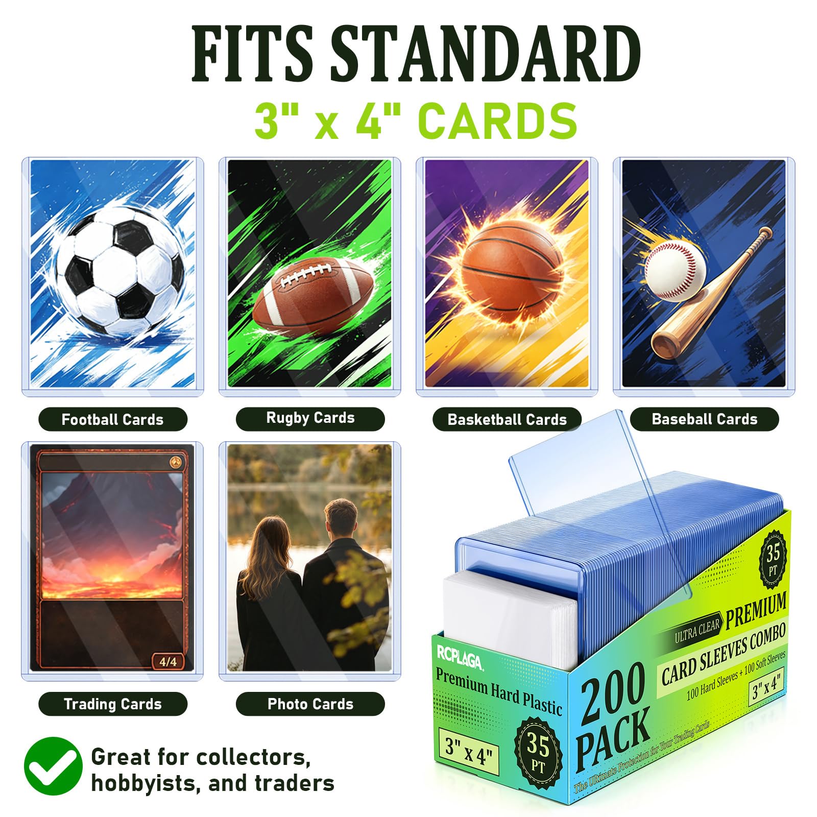1000 Stück Kartenhüllen aus Hartplastik, RCPLAGA Starre Baseball-Kartenhalter, 3 x 4 Premium-Sportkartenschutz, 35pt Tophüllen für Sammelspielkarten (500 starr + 500 transparent)