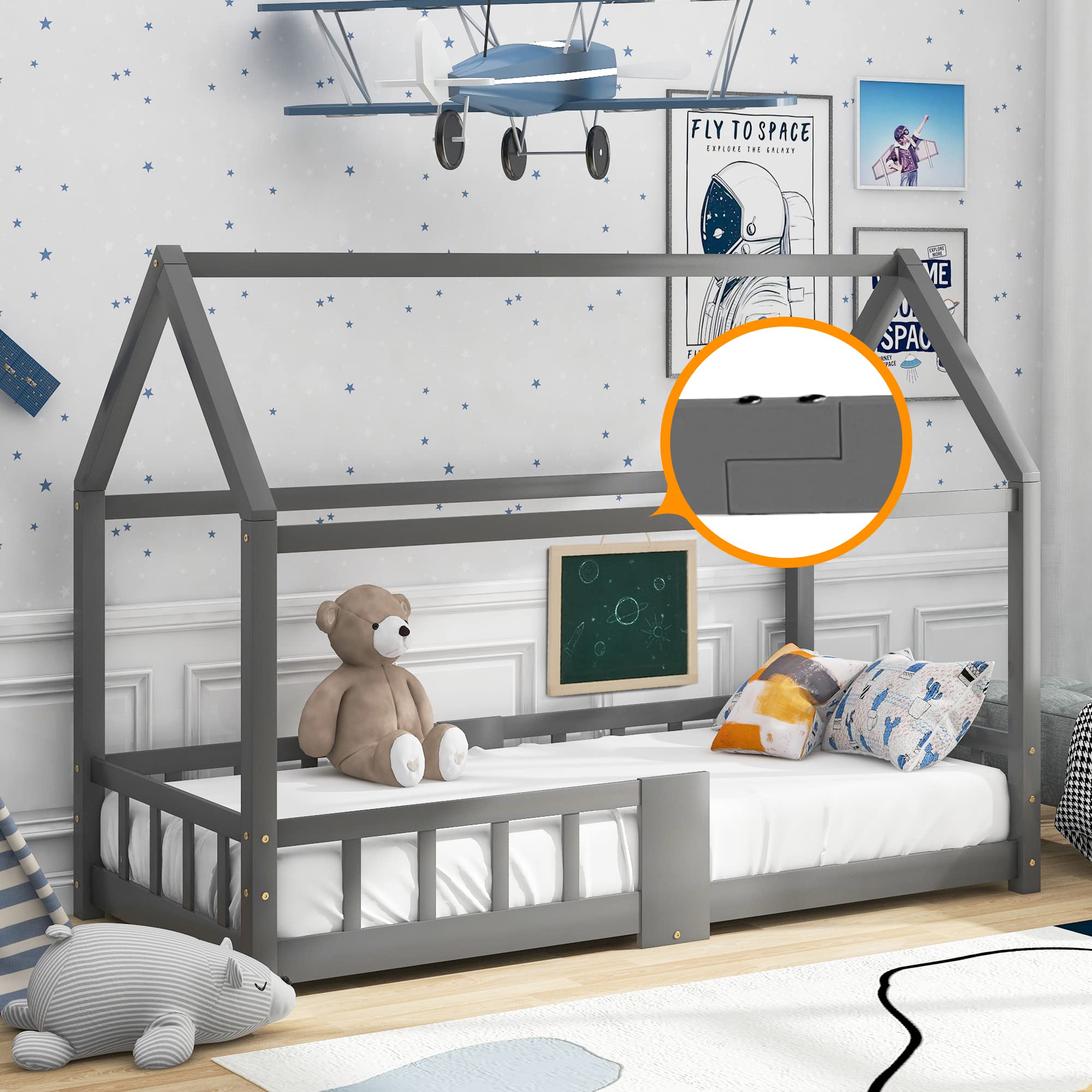 Lit Cabane Enfants 90x200, Lit Maison en Bois Massif avec Barrière Anti-Chute pour Chambre Enfant, Sommier Intégré, Gris,sans Matelas