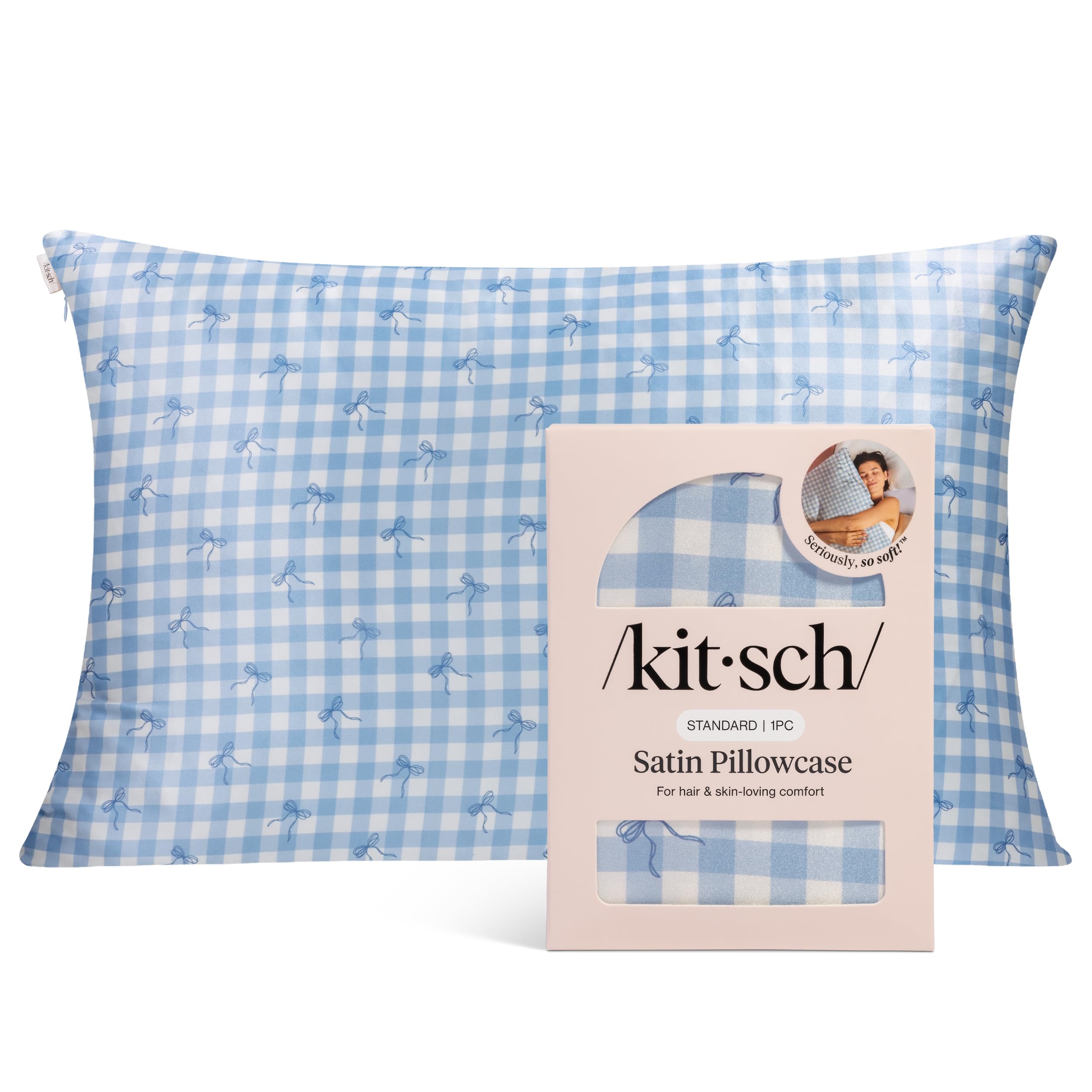 Kitsch Satin Pillowcase with Zipper for Hair & Skin - Softer Than Silk Pillow Cases, Smooth Cooling Satin Pillow Case, Machine Washable - Pillow Cases Standard Size (19x26) - Gingham Blue