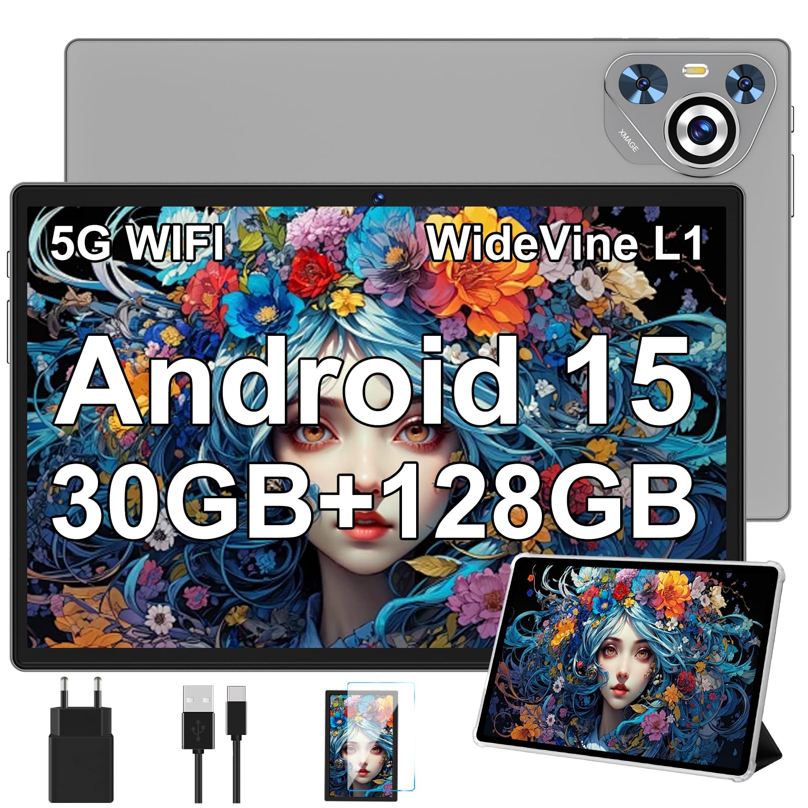 Tablet 30GB RAM 128GB ROM(TF 2TB Espandibile), 10 Pollici 8000mAh/ WIFI 5G/ BT5.0/ OTG/ GPS, Camera 5+8 MP, Certificazione GMS, Widevine L1, Tablets Corpo in Metallo con Custodia Protettiva -Grigio