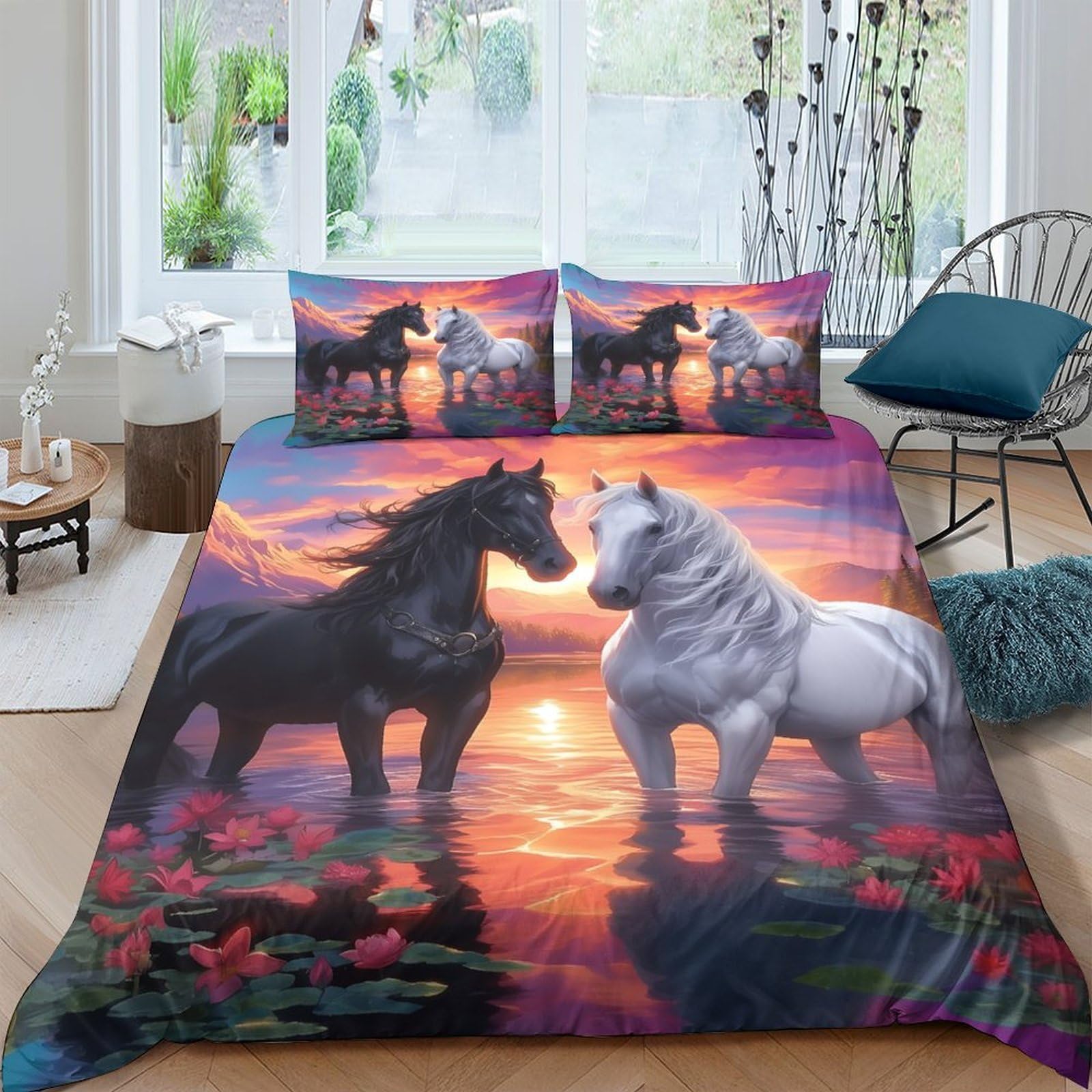 Ctjqhvkz Style-8 3D Printed Sunset Horse Fitted Sheet Microfiber Soft Breathable Twilight Stallion Mattress Cover For Bedroom Dorm Single（135X200cm）