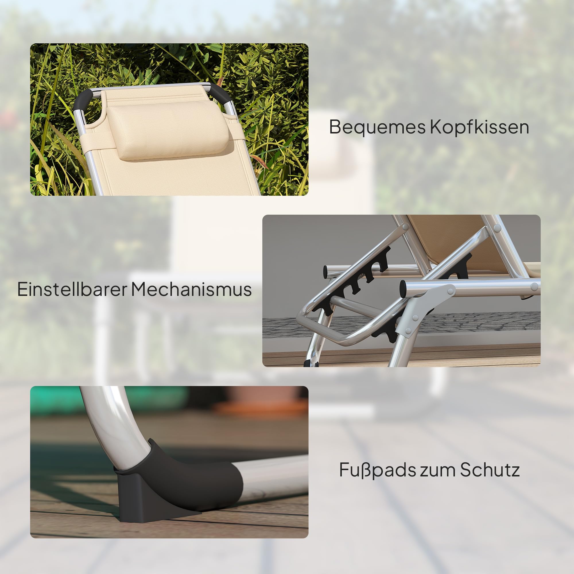 Outsunny Sonnenliege Alu Klappbar mit Kopfkissen Ergonomisch 120 kg Beige | Gartenliege, Relaxliege, 4-Stufig Verstellbare Rückenlehne, Alu, für Garten, Terrasse, Pool, Strand
