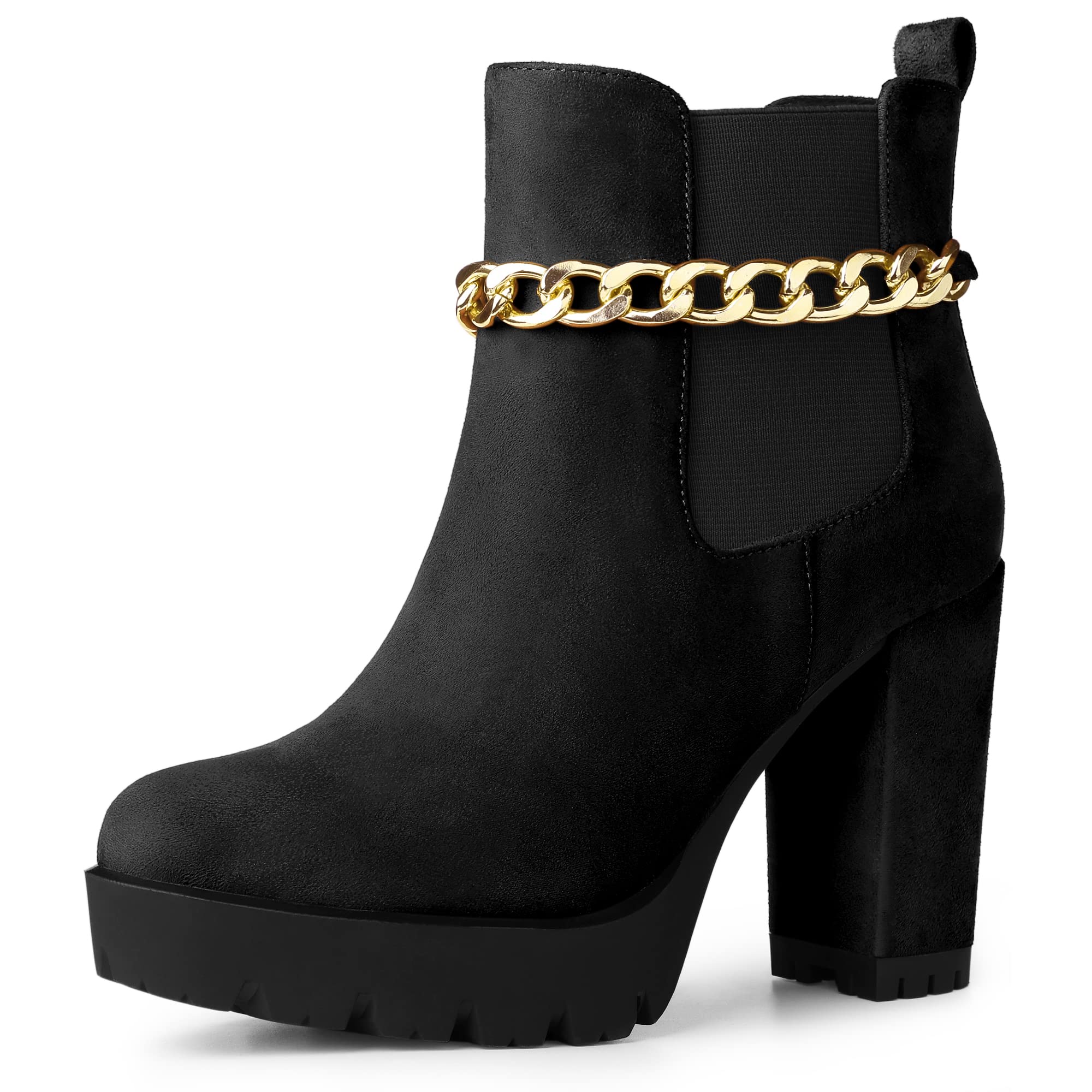 Women's Platform Gold Chain Chunky High Heel Chelsea Ankle Boots