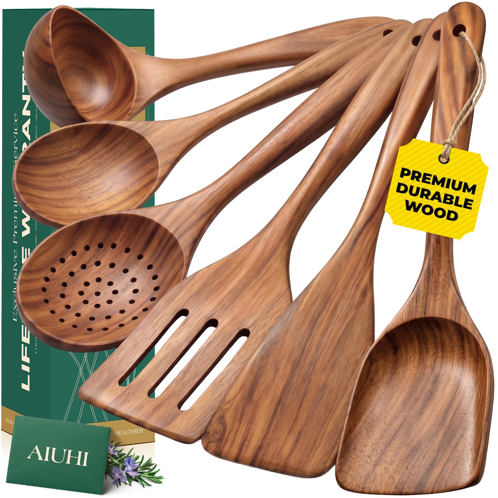AIUHI Antihaft-Küchenutensilien-Set aus natürlichem Holz, glatt polierte Teakholz-Löffel zum Kochen, Pfannenwender mit bequemem Griff für anspruchsvolles Kochen, 6-teilig
