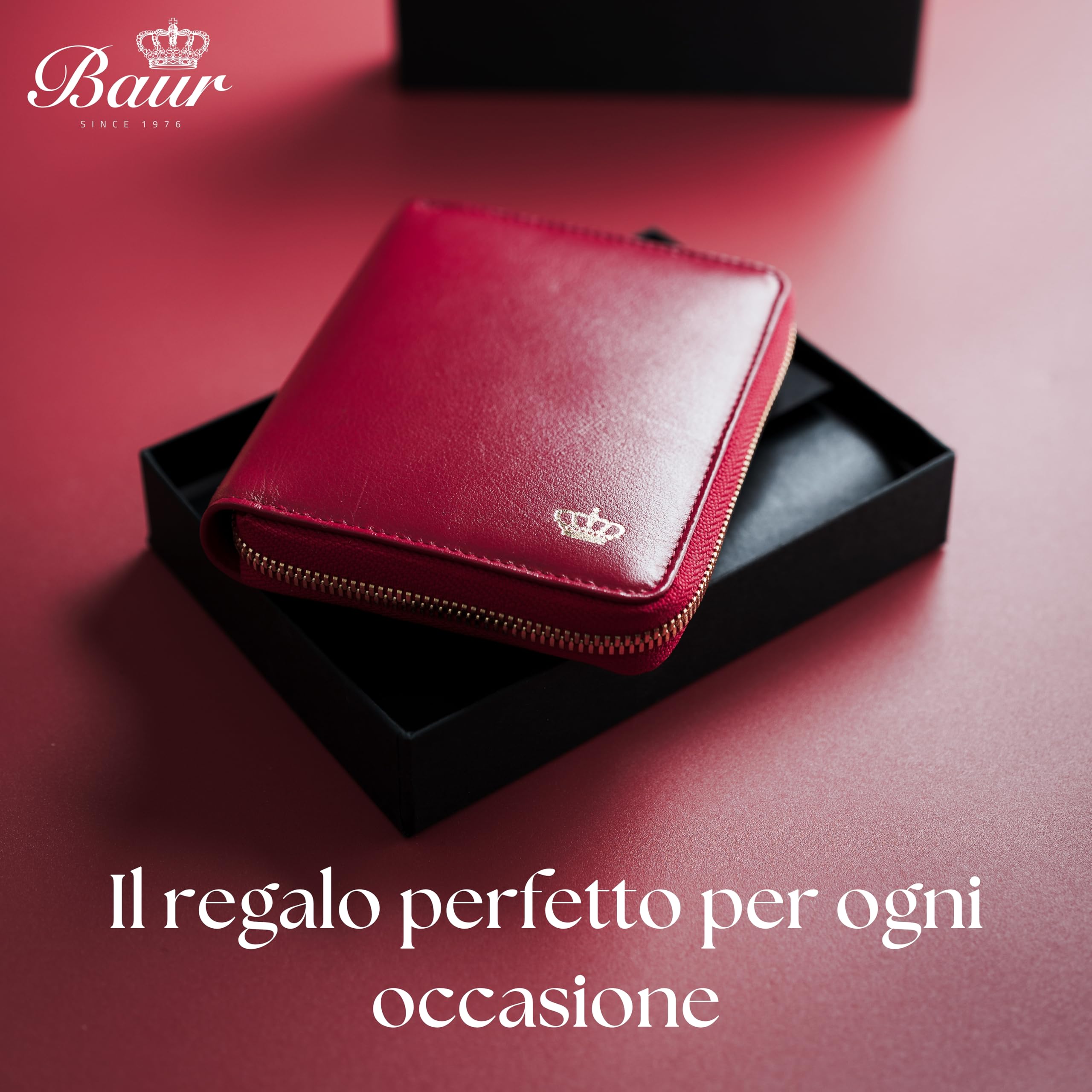 Baur portafoglio da donna – vera pelle nappa con protezione RFID – portamonete con molti scomparti carte e scomparto monete con bottone – cerniera metallica perimetrale (Cerniera oro, Rosso)