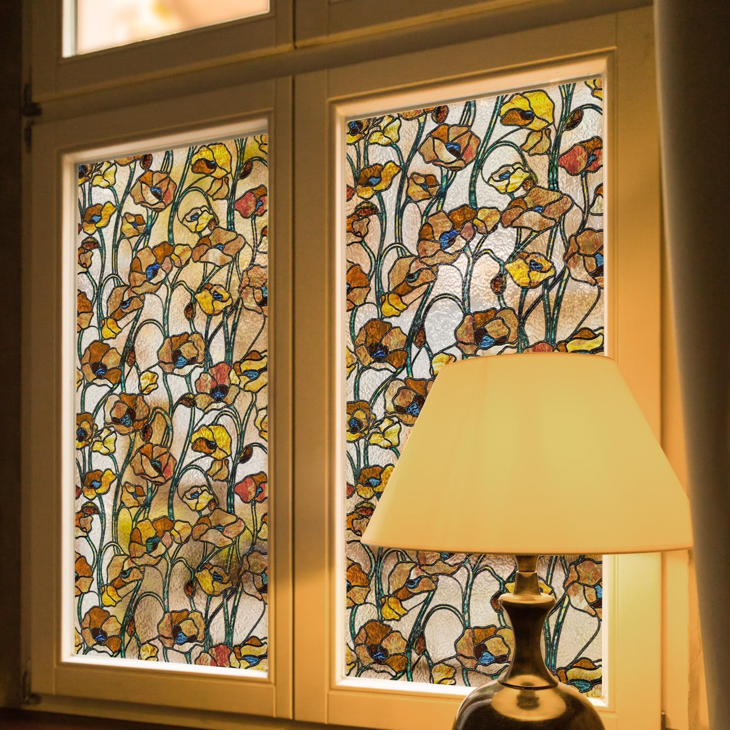 Película decorativa autoadhesiva para ventana, vidrieras, 43 x 300 cm, amapola marrón amarillenta, decoración de vidrio dibujado a mano para dormitorio, sala de estar, cocina y oficinas
