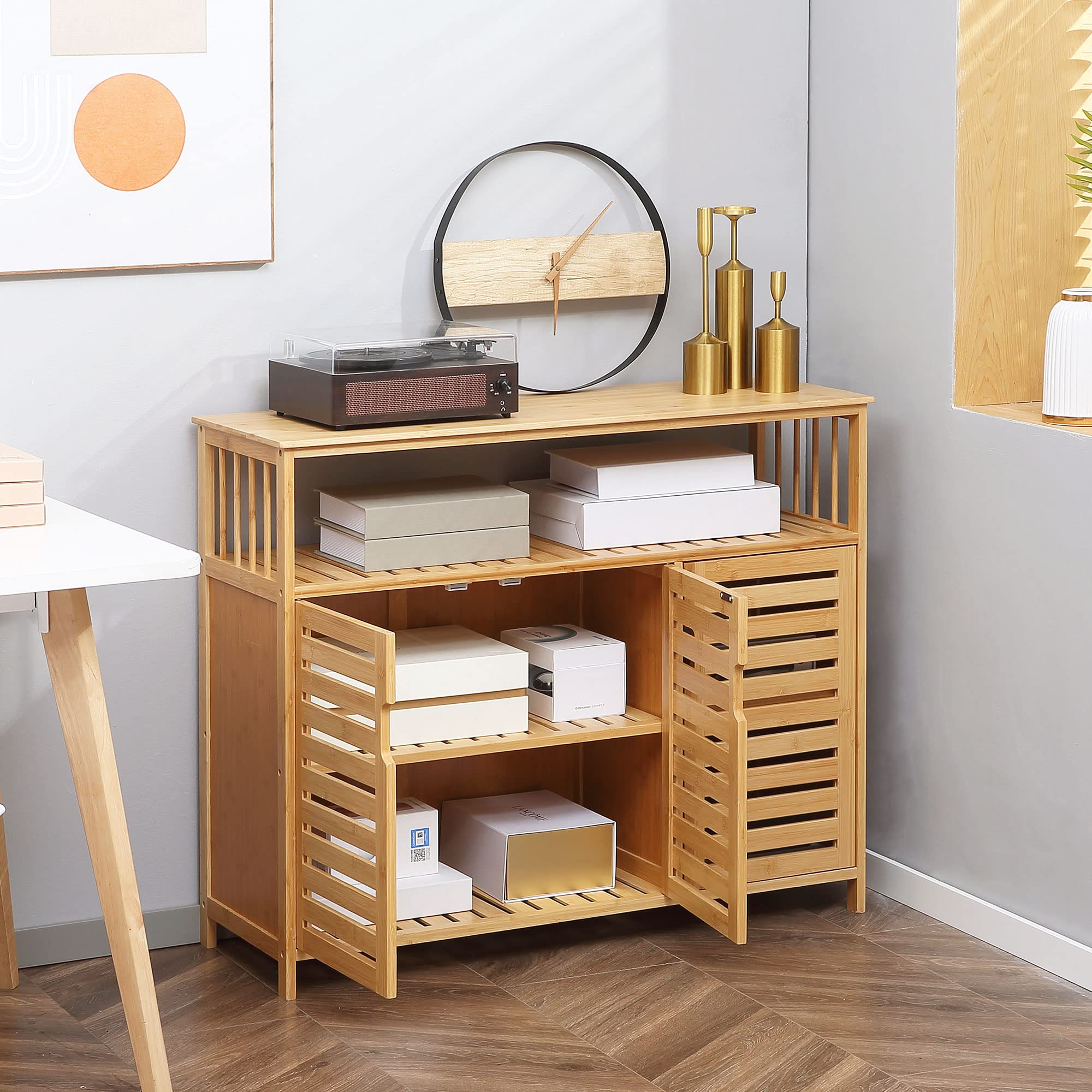 HOMCOM Buffet Meuble de Rangement Bois Bambou 3 Portes 100 x 35 x 82 cm | Étagères