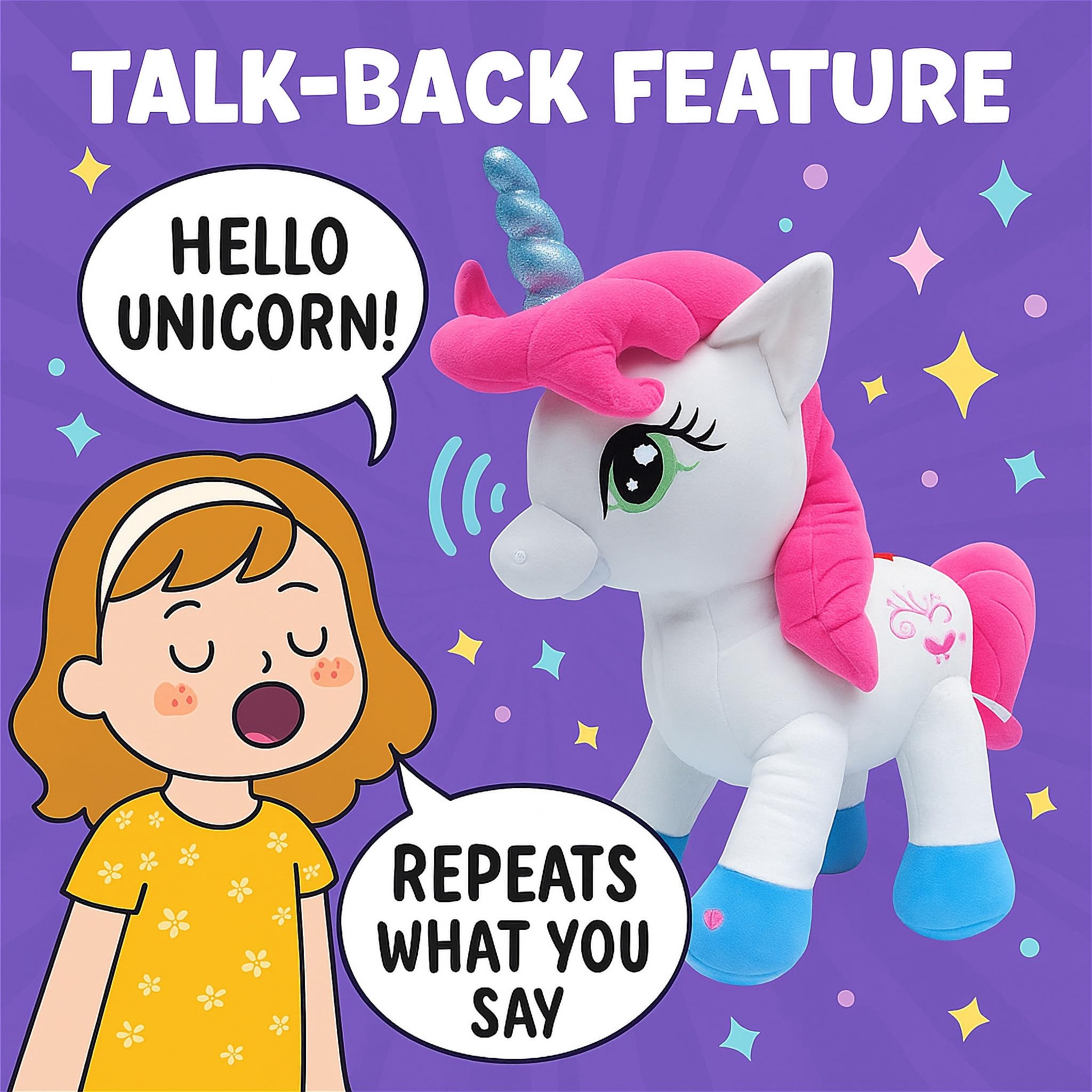 Grand Unicorne Parlante Qui Répète, Peluche Unicorne Câline 40 cm avec Effets Sonores et Fonction Parole, Jouet Poney Rose pour Filles