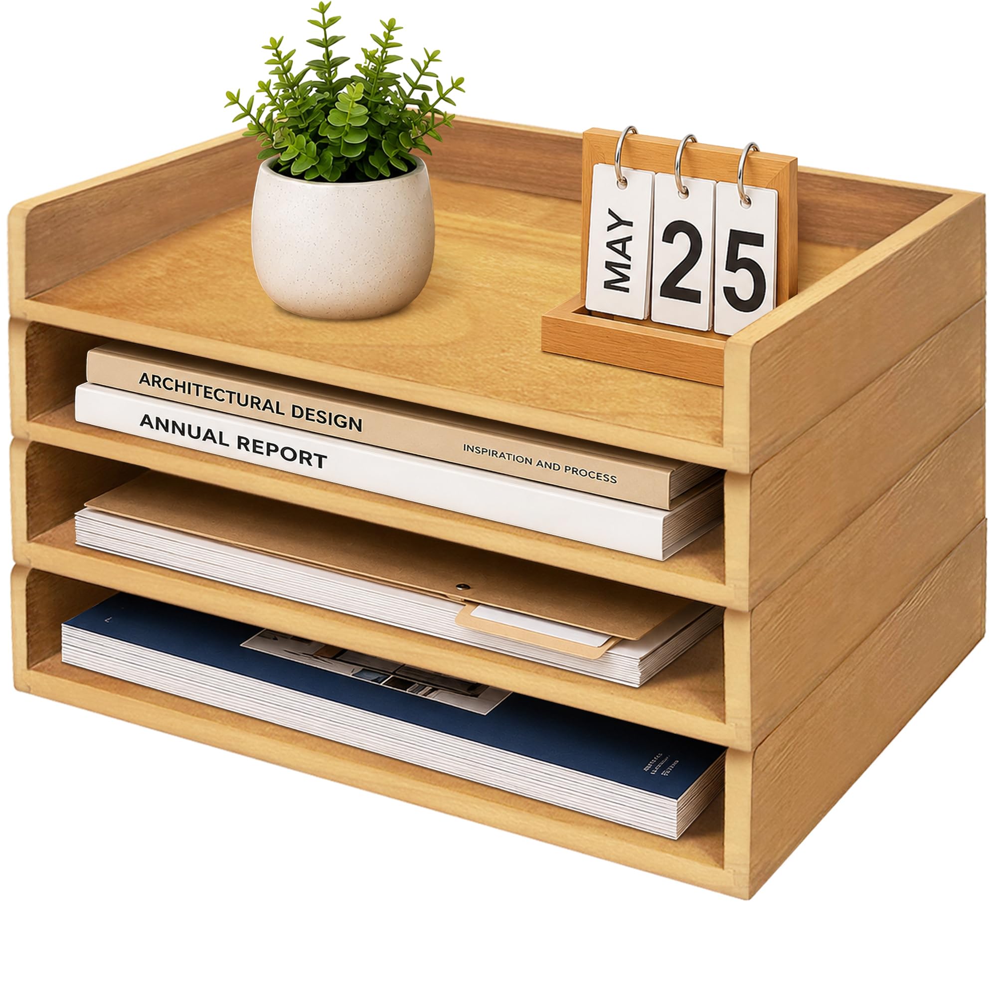 PROLEE 4 Pack Stackable Paper Tray, Wooden Paper Tray Organizer with Letter Tray, Paper Holder for Desk, Desktop File Storage Rack for Study, Home and Office (Oak)