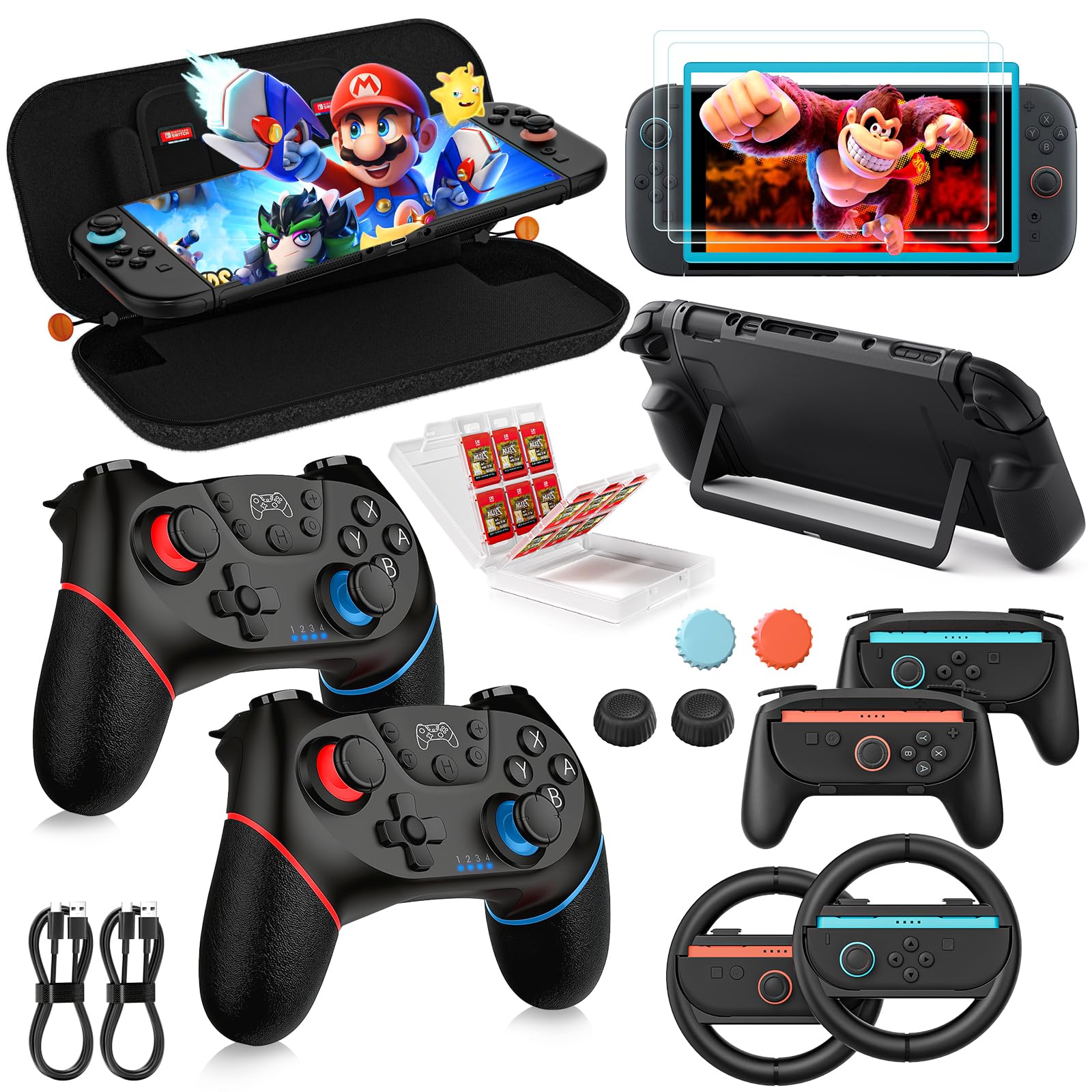 Retear Kit Accesorios Switch 2 (17 en 1), 2*Mando Pro Switch 2, Funda De Transporte Portátil, Protector Pantalla, Agarres para Joycon, Volantes, Estuche Tarjetas Juego Y Carcasa para Nintendo Switch 2