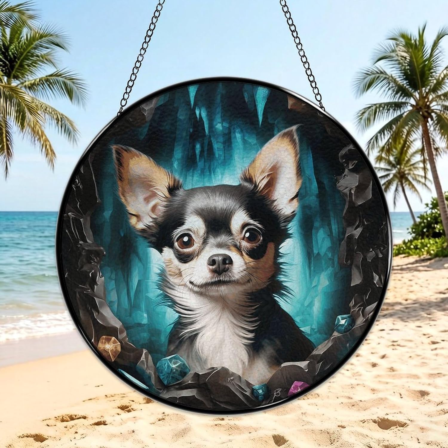 Stained Glass Window Hanging 30x30cm Window Suncatcher Glass Panel with Metal Chain Gem Cave ChihuahuaSun Catchers Wall Art Home Decor Gift for Women Mother's Day