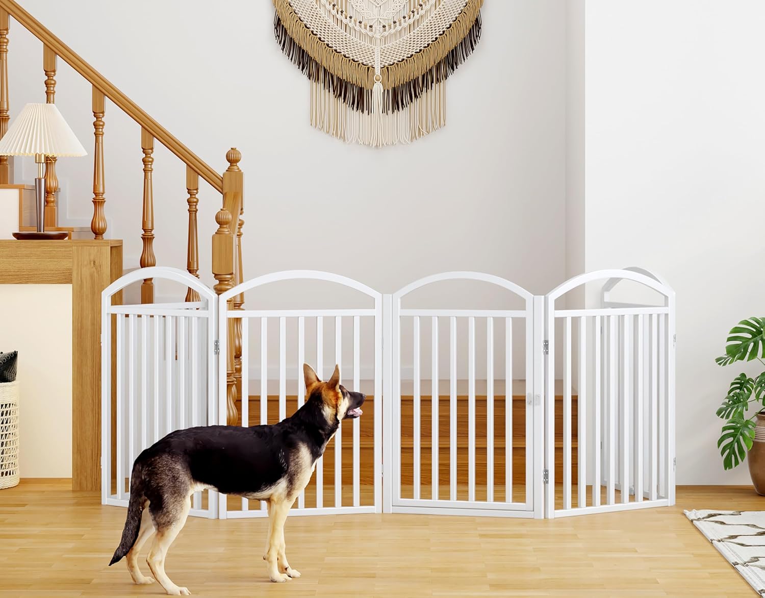 Folding No-Assembly Freestanding Dog Gate with Door,32" Heights Foldable Pet Fence,144" Extra Wide Accordion Puppy Folding Playpen for Doorways,House,Stairs (6 Panels,White)