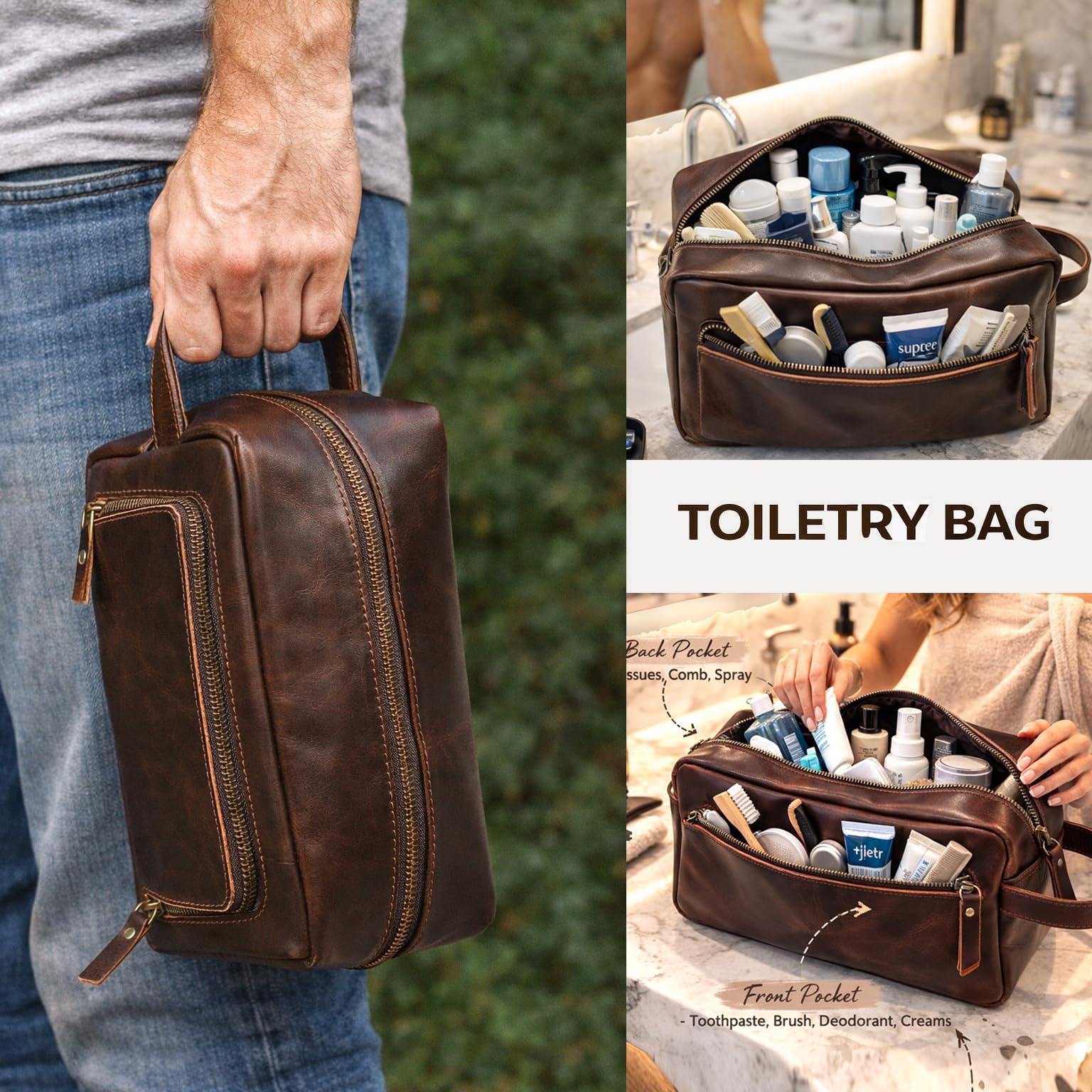 Aaron Leather Toiletry Bag for Men, Travel Dopp Kit