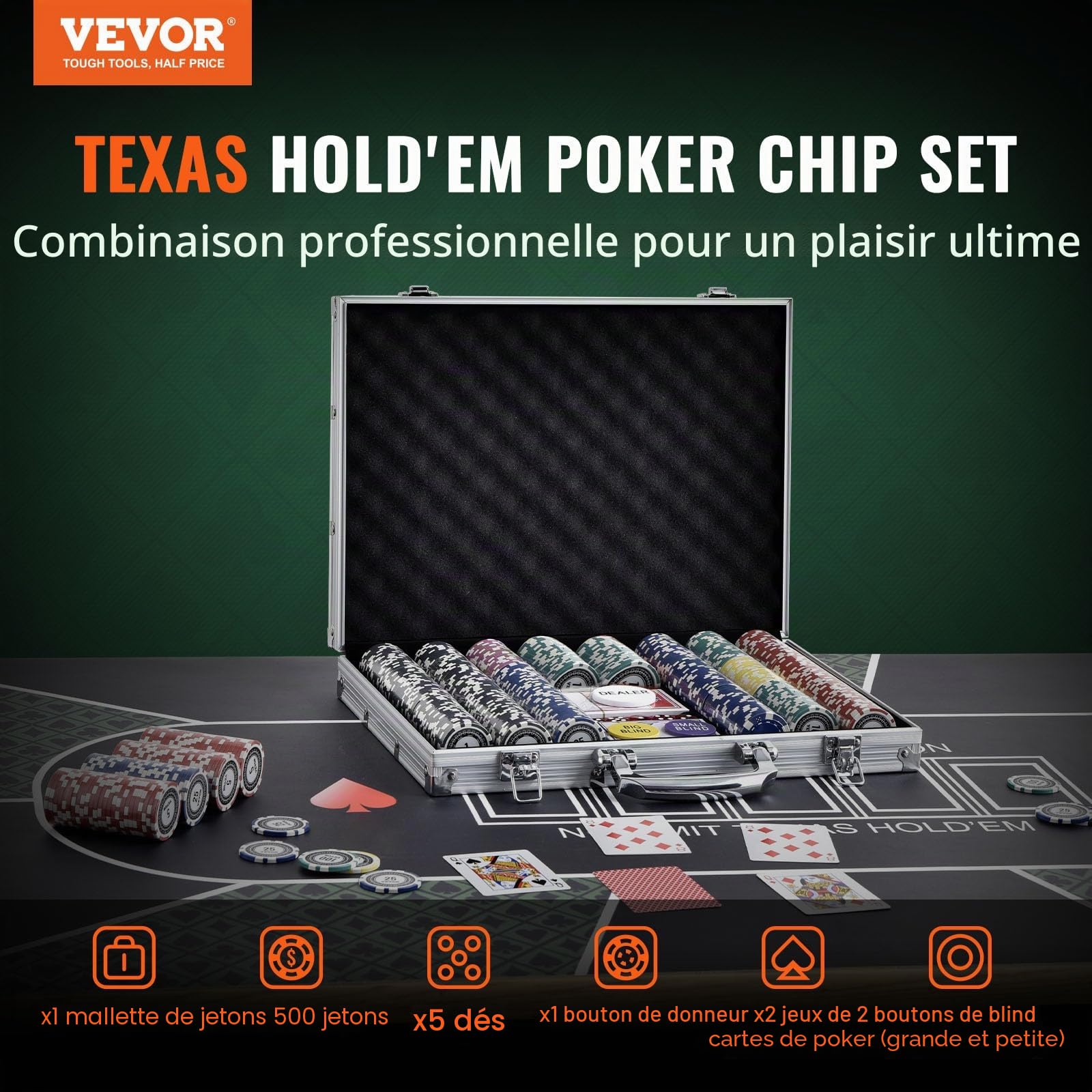 VEVOR Mallette de Poker 500 Jetons de Poker en Plastiques et Alu 11,5 g 40 x 3,3 mm avec 2 Jeux de Cartes 1 Bouton de Croupier et 2 Boutons Blind pour Blackjack Texas Jeux de Hasard Casino à Domicile