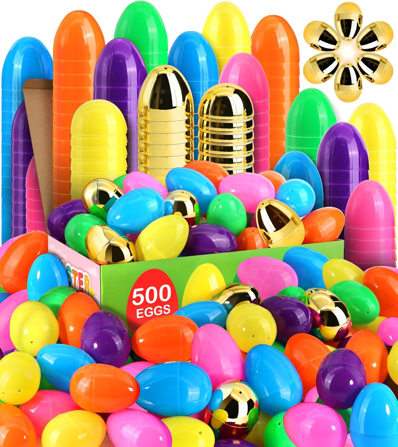 LEASEN [ 6 Surprise Golden Eggs ] 200 Pack Plastic Easter Eggs Bulks, 2.3 Inch Empty Easter Eggs, Bright Colors Plastic Eggs Fillable for Easter Hunt, Basket Stuffers Fillers, Easter Party Favor